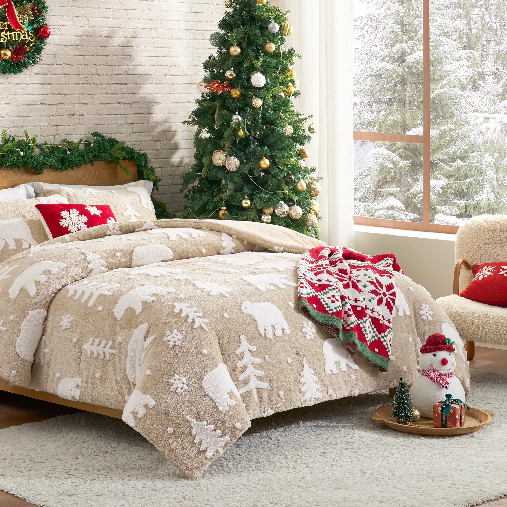 Cozy bedroom with Christmas-themed bedding and decorations, including a tree and wreath. #Color_Polar Bear