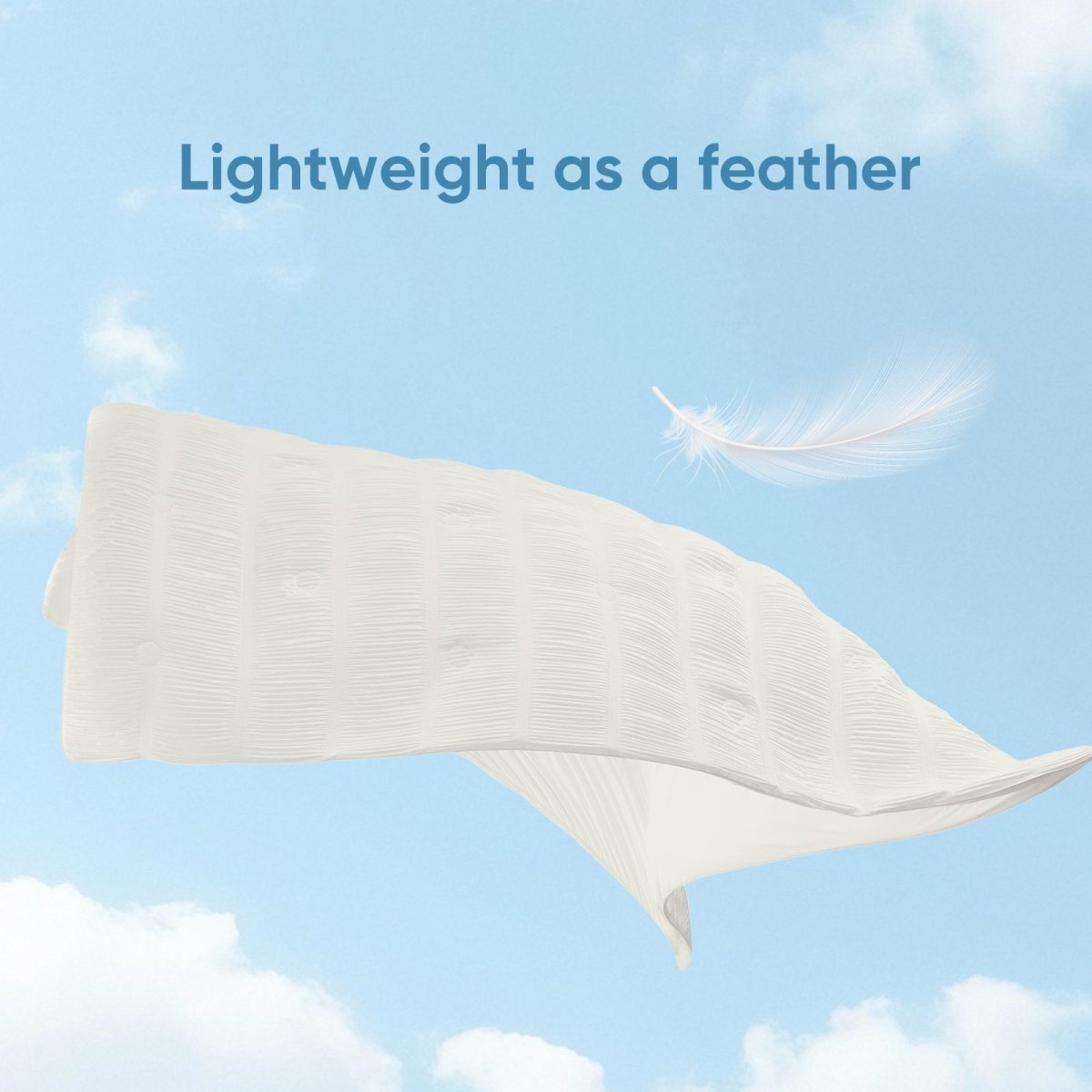 Cooling comforter floating in air, lightweight breathable fabric for cool and comfortable sleep.#color_Off White