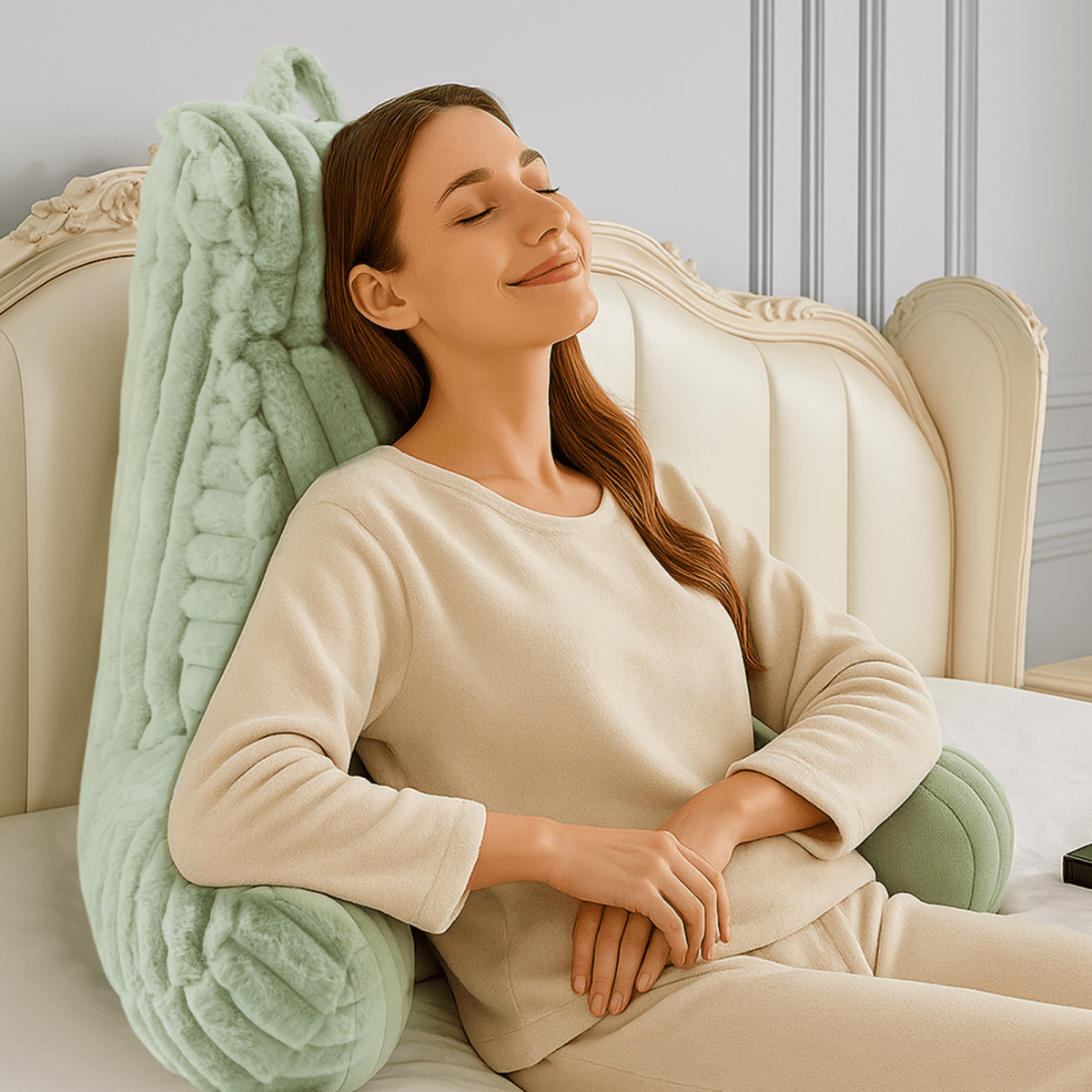 Woman lying on a bed with a reading pillow #color_Sage Green