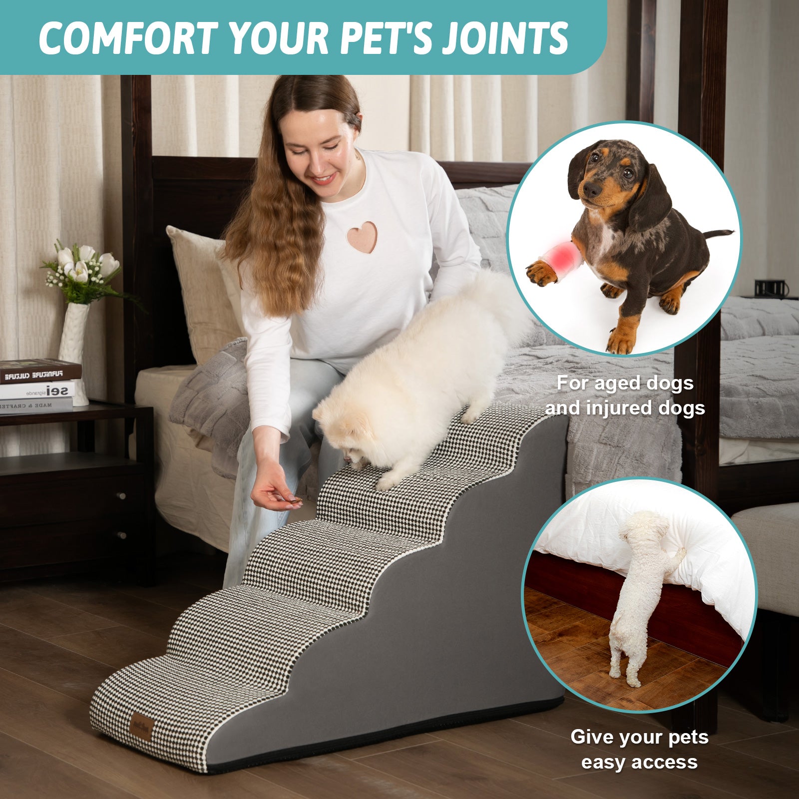 Dog using a pet ramp in a bedroom setting, with text about pet joint comfort and easy access.#color_Black White