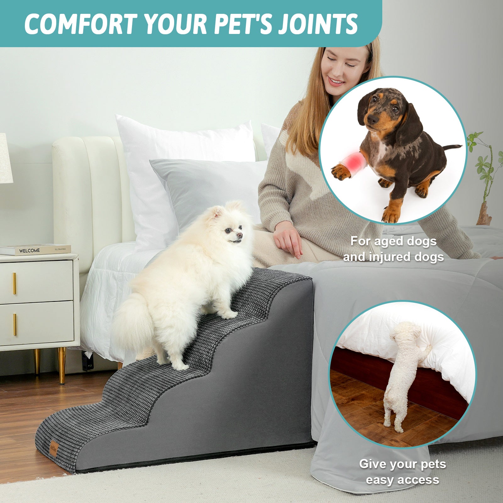 Gray pet ramp with a dog using it, surrounded by text about pet comfort and ease of access.#Color_Charcoal Grey