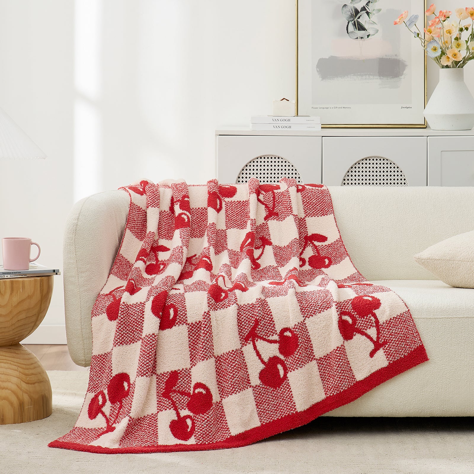 Cozy Bliss x SS Reversible Checkered With Red Cherry Throw Blanket