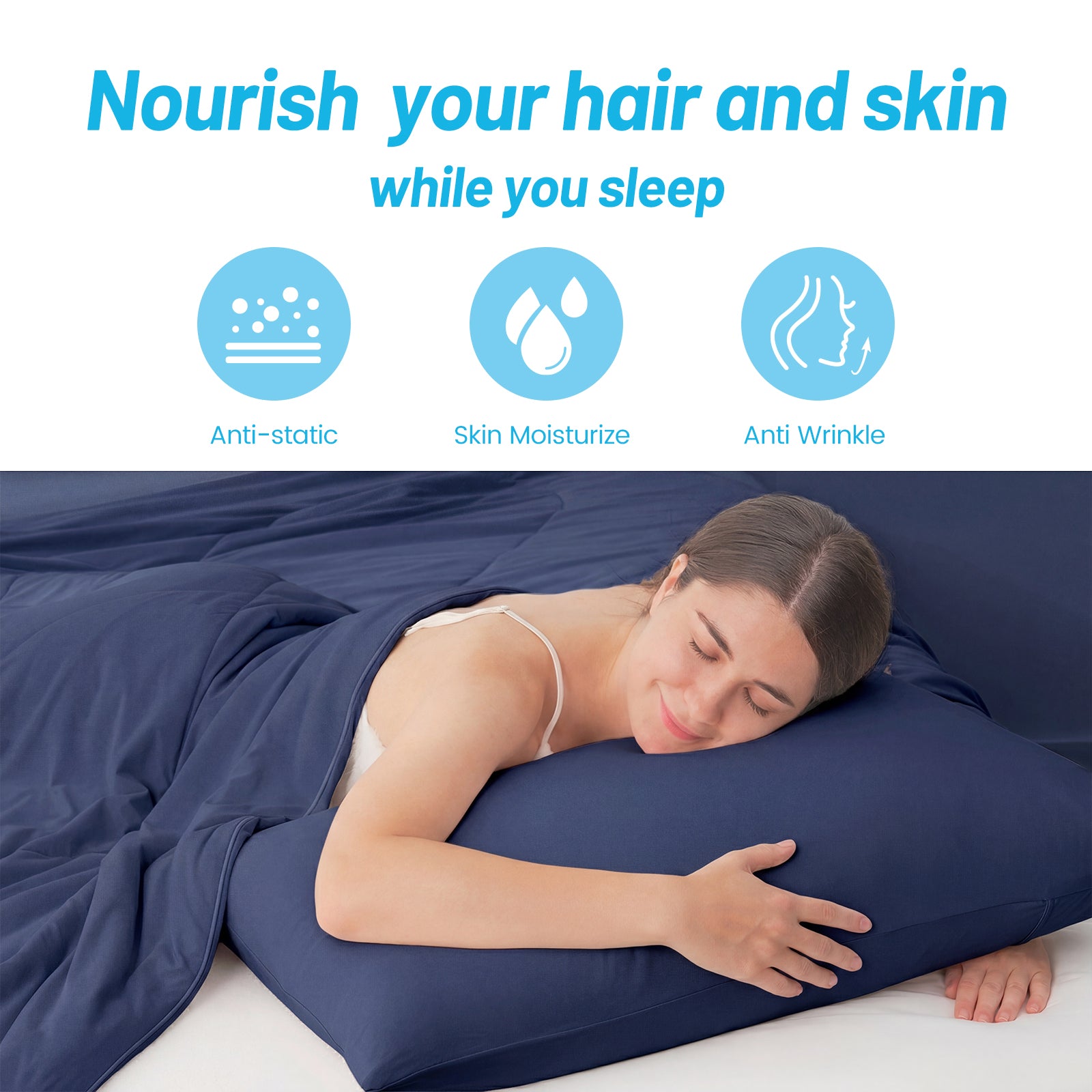 Cooling pillowcase for hair & skin health: anti-static, moisturize, anti-wrinkle. #color_Dark Blue