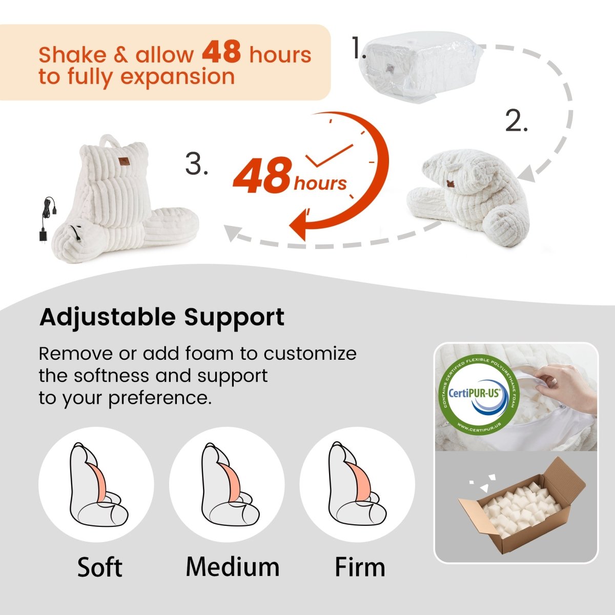 Product packaging with instructions for use and customizable support levels. #color_Ivory