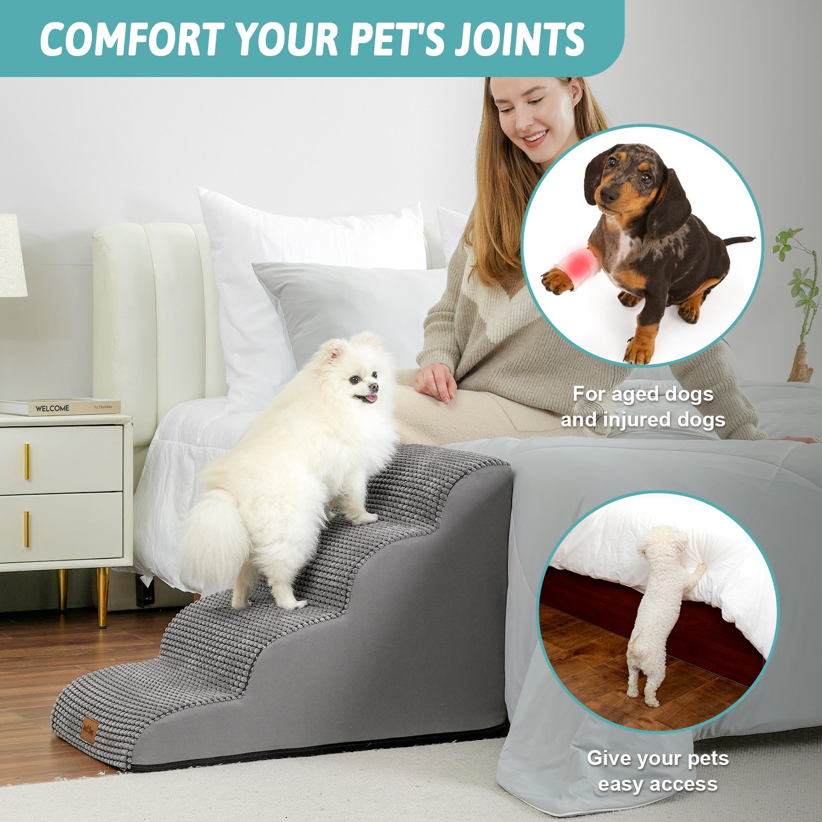 Dog using a pet ramp in a home setting with text about joint comfort and easy access.#color_Dark Grey