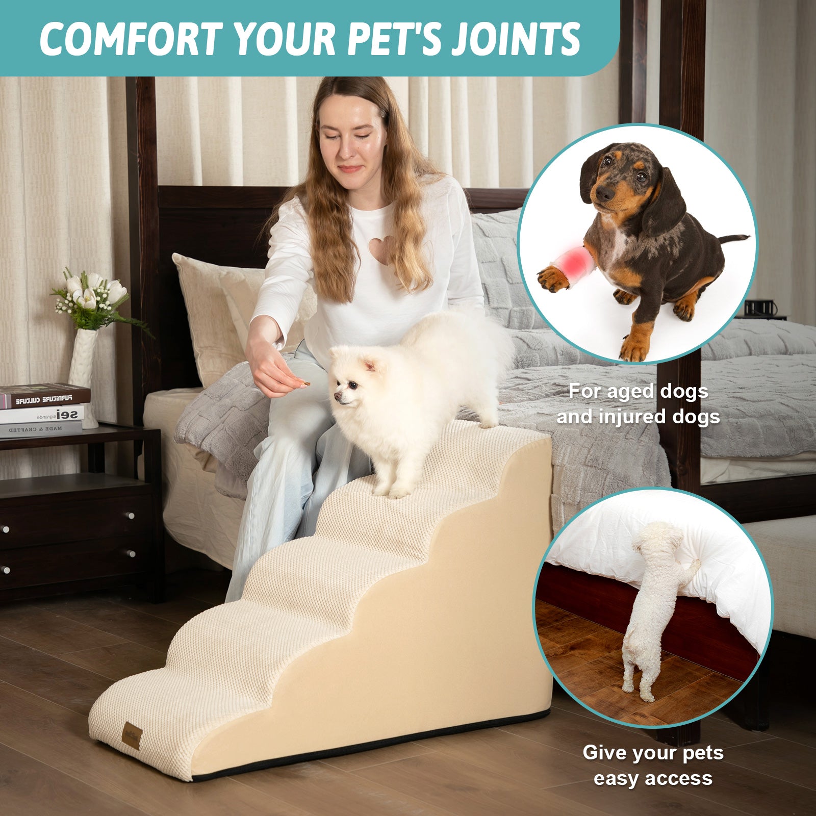 Dog using a pet ramp in a bedroom setting, with text about joint comfort and easy access for pets.#color_Beige