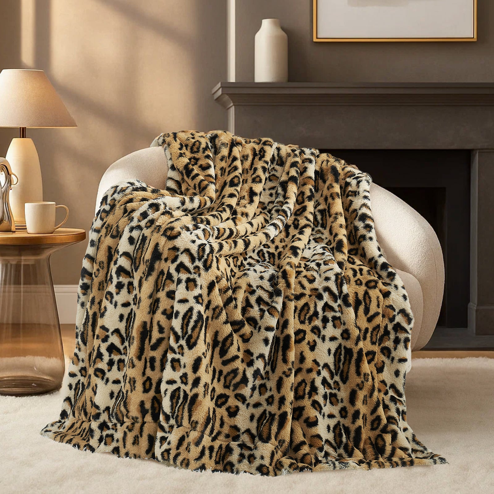 Leopard print blanket draped over a chair in a cozy living room setting. #color_Brown Leopard