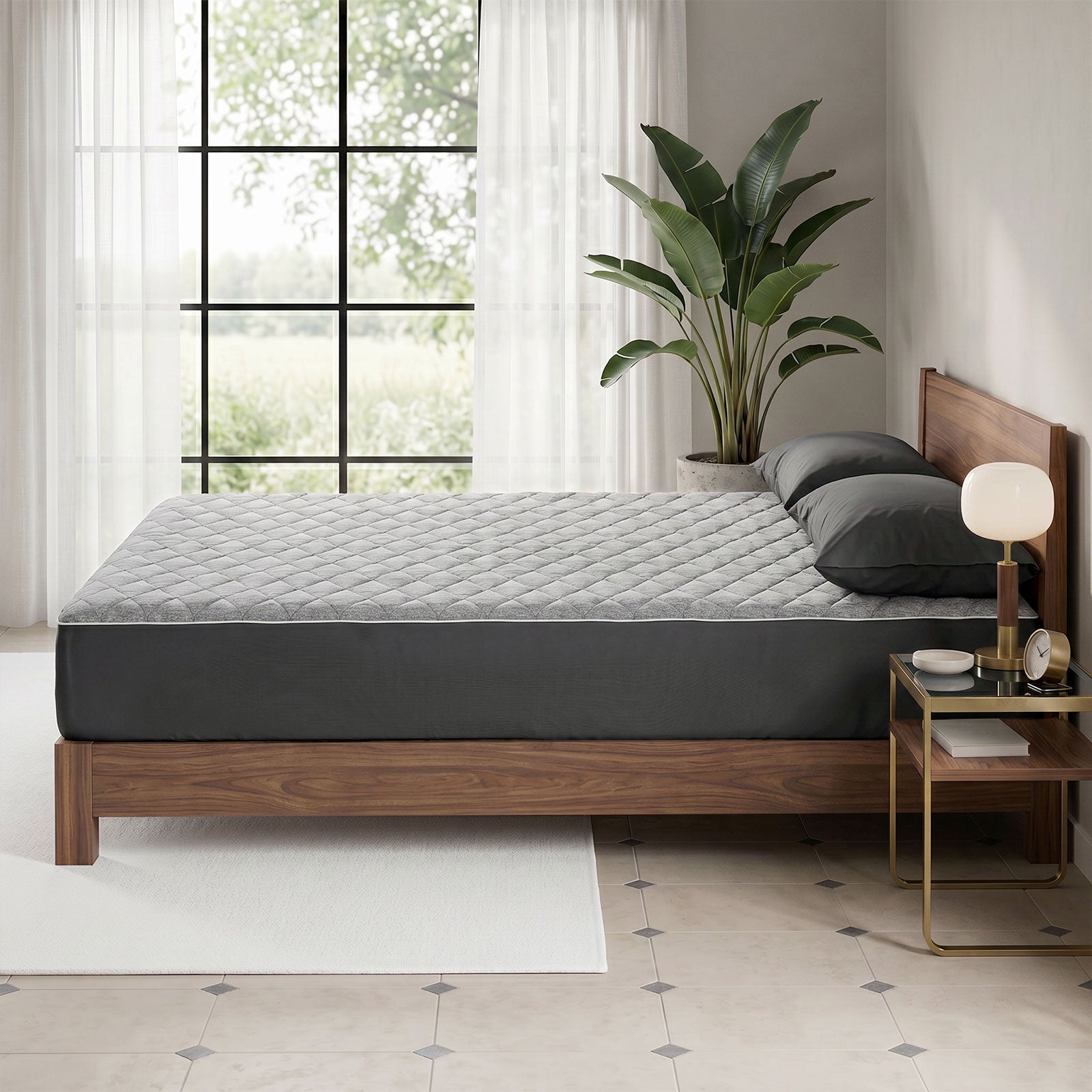 Cozy Bliss off-white cooling mattress protector and matching pillows in a bright, modern bedroom in side view.#color_Grey