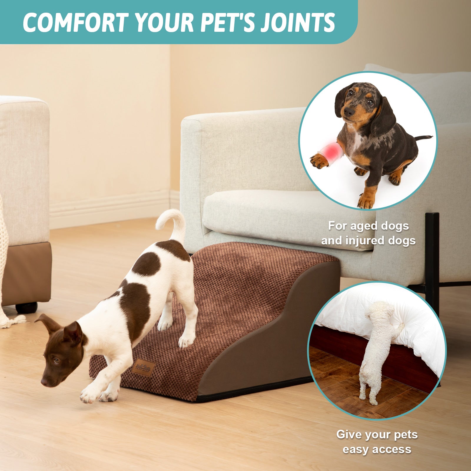 Pet ramp for dogs with text 'Comfort Your Pet's Joints' and images of dogs using it.#color_Brown