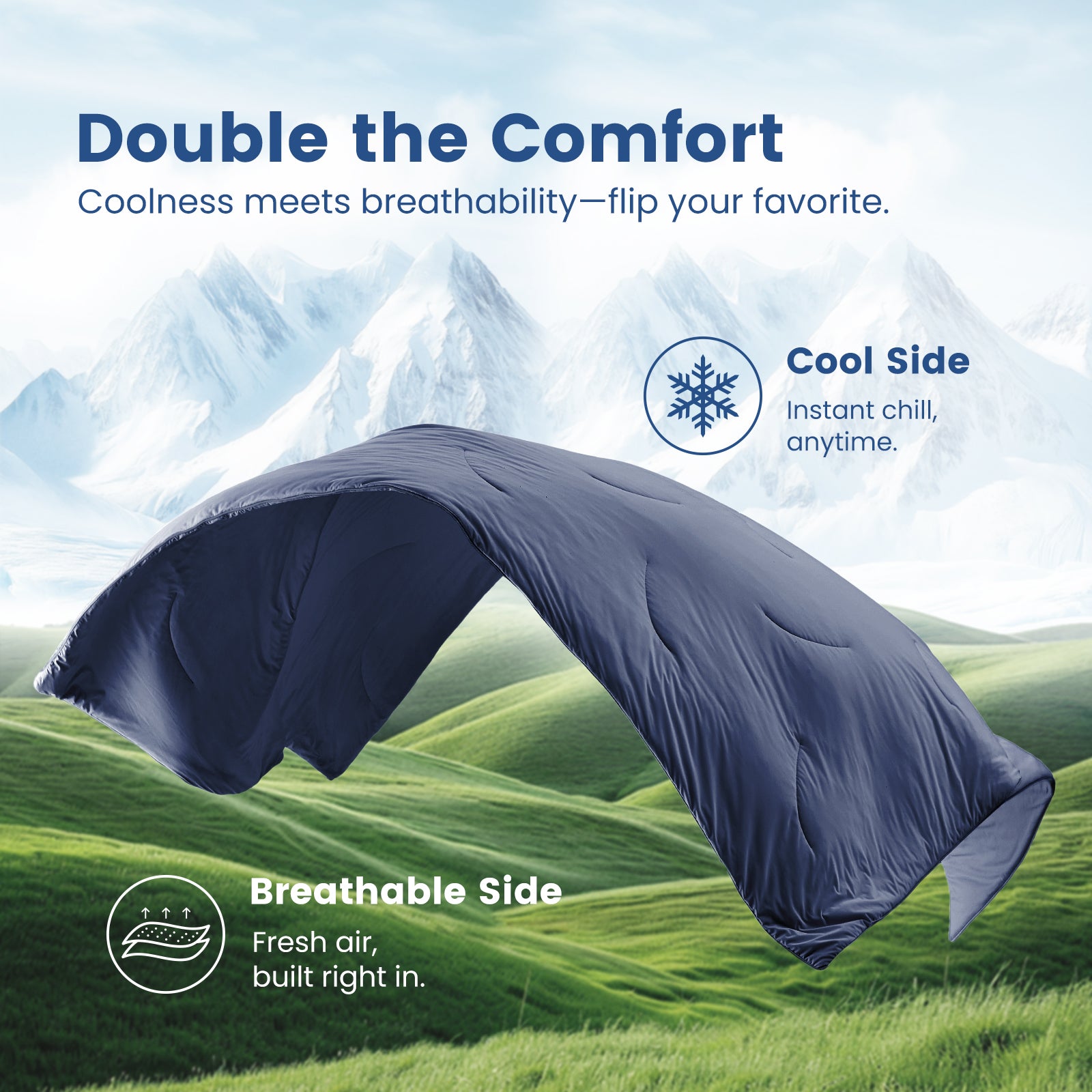 Lightweight cooling comforter in air display, breathable side and cool side for comfort.#color_Dark Blue