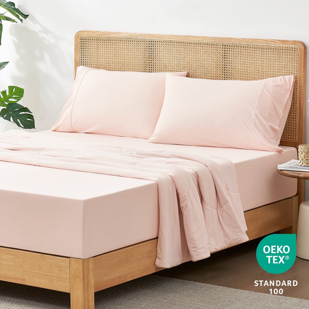 Pink cooling fitted sheet set with pillowcases, OEKO-TEX certified #Color_Pink