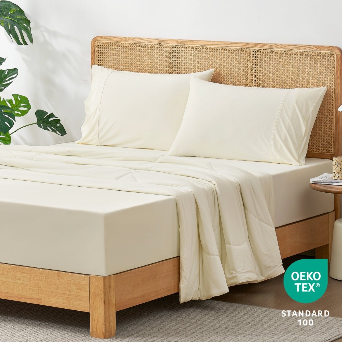 Close-up of OEKO-TEX® Certified cream cooling sheet fabric. #Color_Cream White