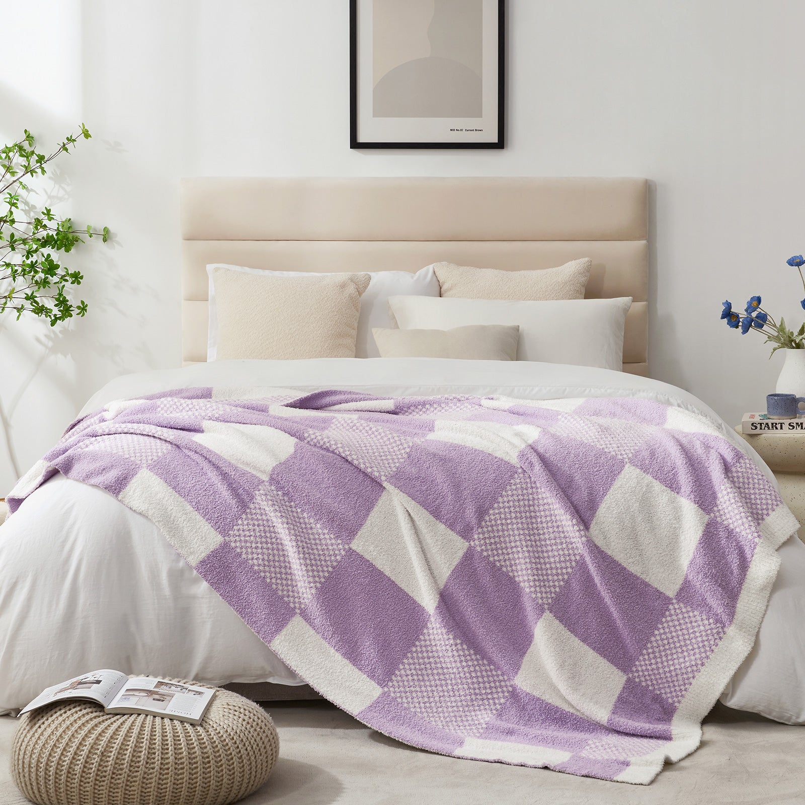 Checkered Feather Yarn Throw Blanket - Romantic Red