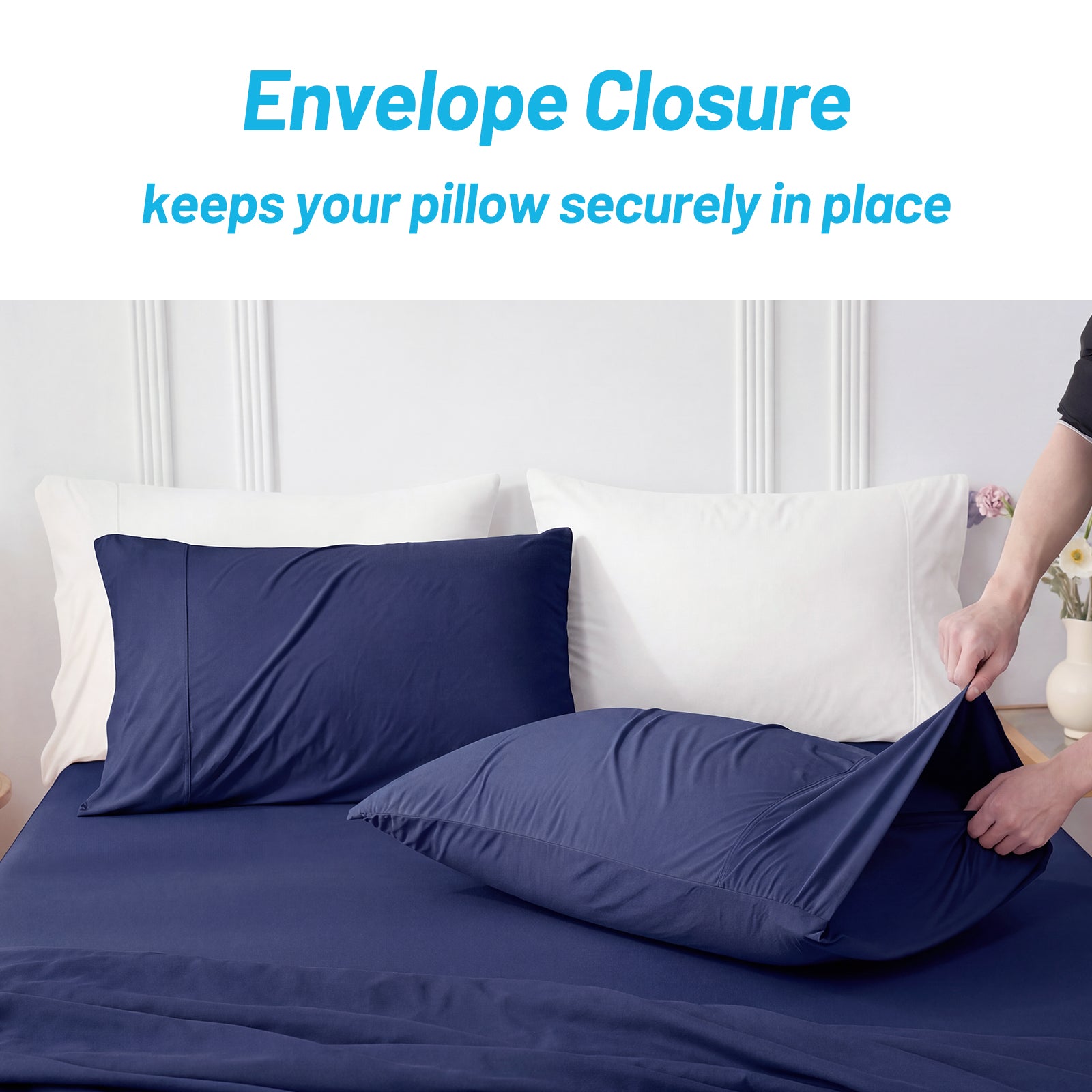 Detail of Cozy Bliss encelope cooling pillowcases, keeping pillow in place. #color_Dark Blue