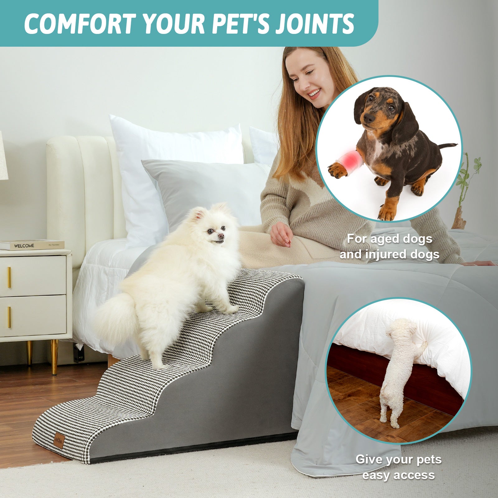 Pet ramp with text 'Comfort Your Pet's Joints' and images of a woman and dogs using it.#color_Black White