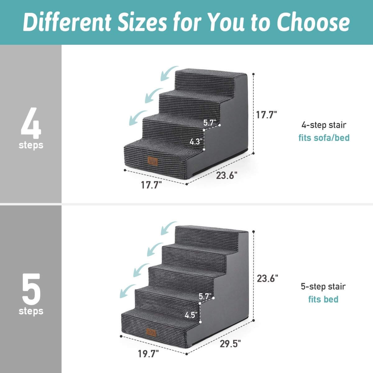 Different sizes of 4-step and 5-step Cozy Bliss foam pet stairs with detailed height measurements. #color_Grey