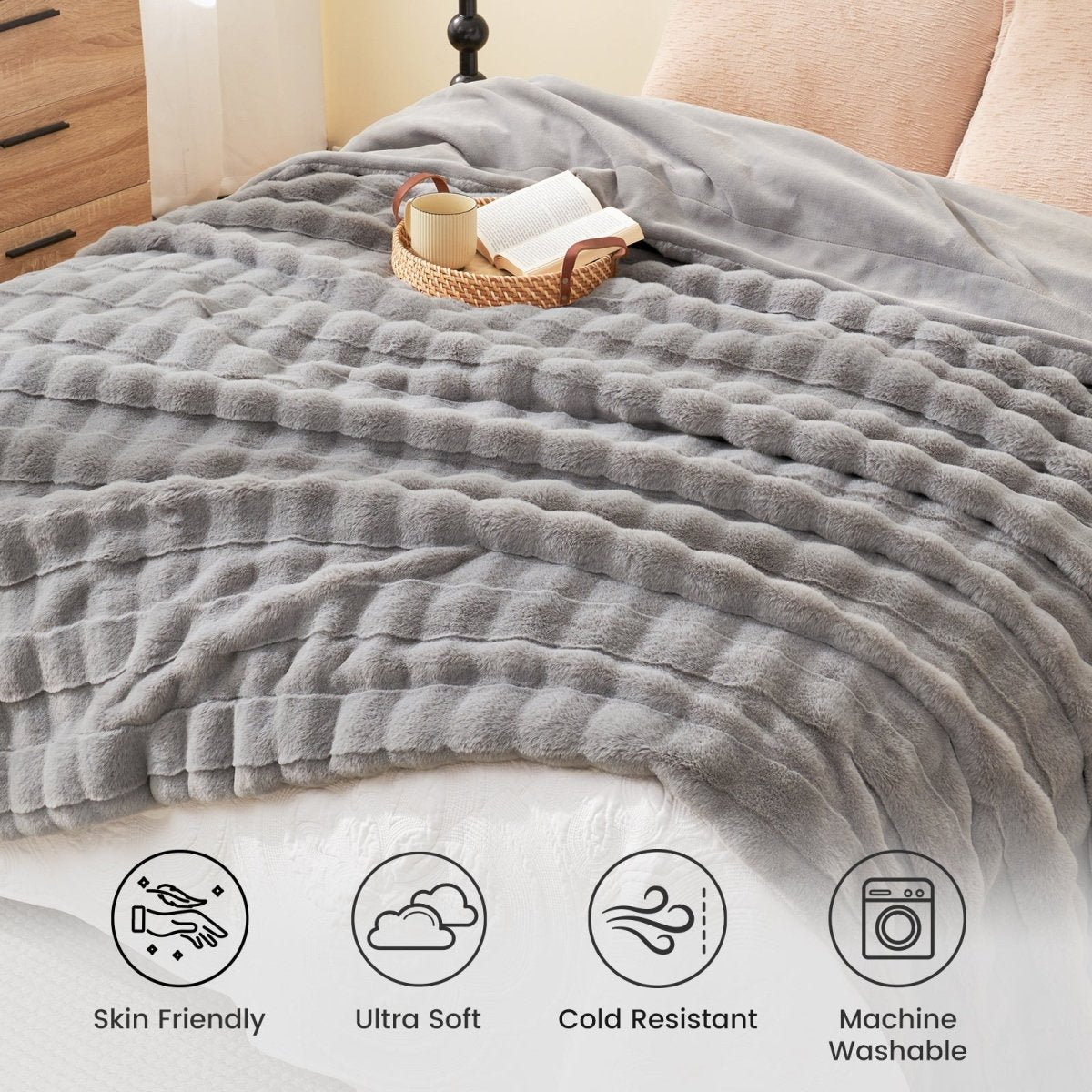 Gray faux fur throw blanket with cross-stripe design, ultra soft and machine washable, cozy bedding #color_Grey