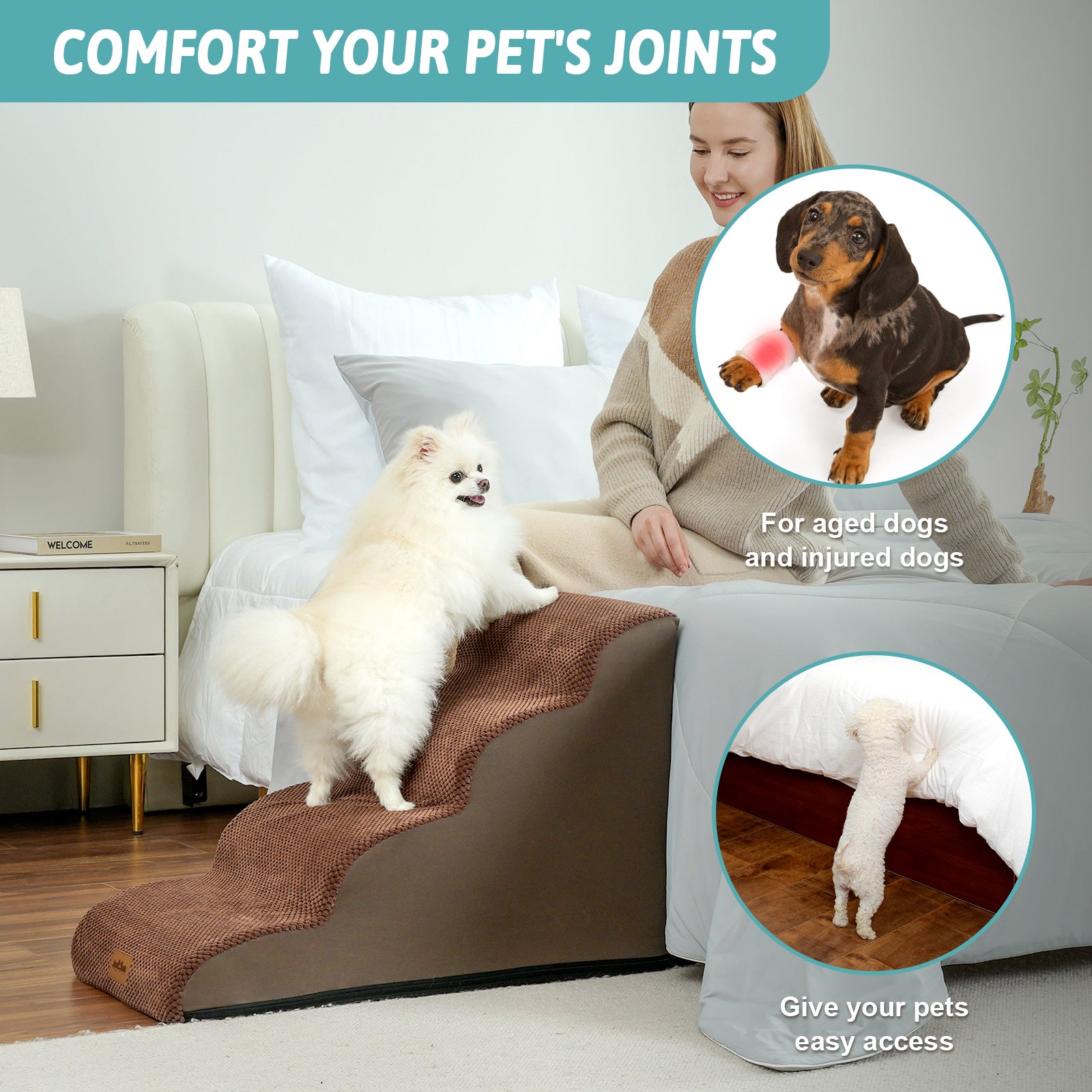 Dog using a pet ramp in a living room setting with text about joint comfort and ease of access.#color_Brown