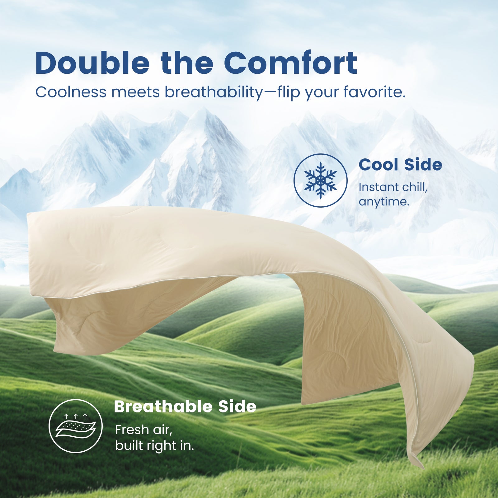 Lightweight cooling comforter in air display, breathable side and cool side for comfort.#color_Khaki