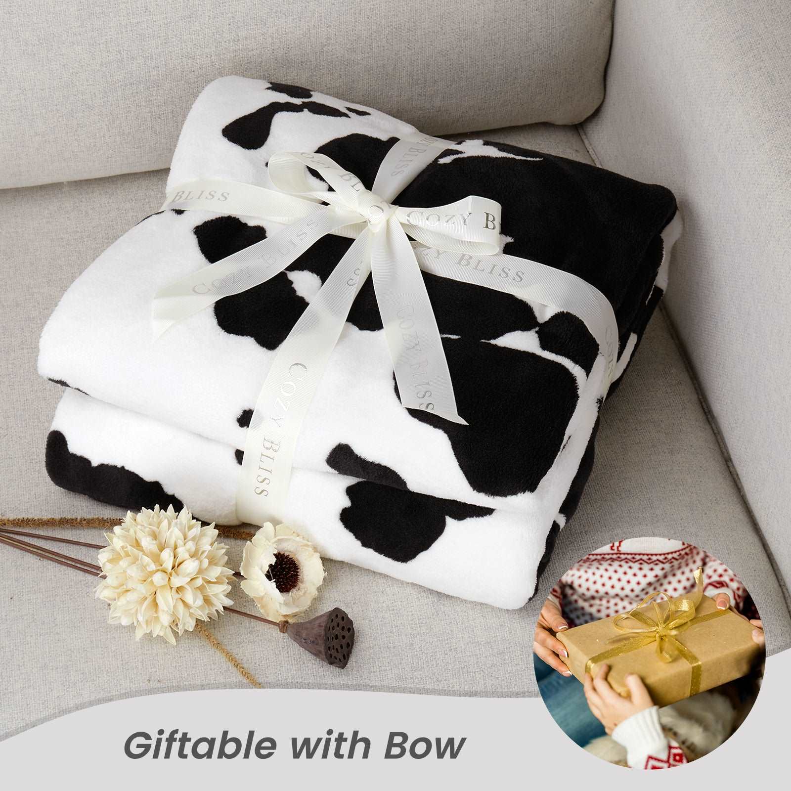 Cozy Bliss Cow Print Blanket - Giftable with Bow #color_Black White