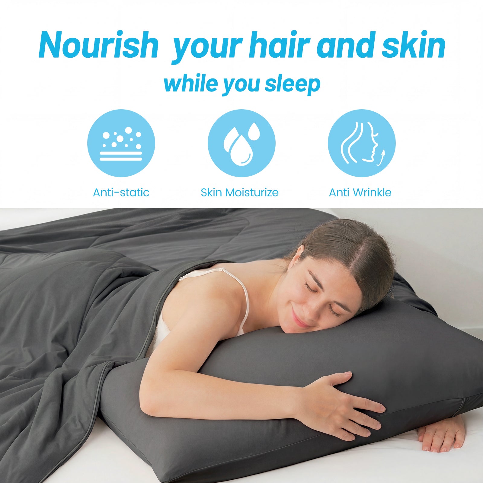 Cooling pillowcase for hair & skin health: anti-static, moisturize, anti-wrinkle. #color_Charcoal Grey