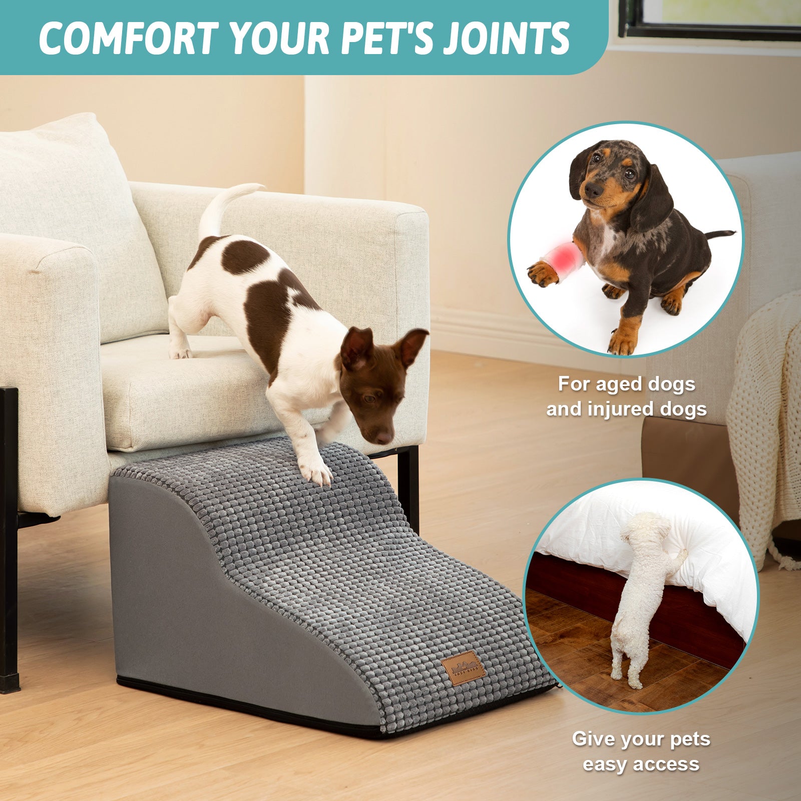 Dog using a pet ramp to get onto a couch with text about joint comfort and ease of access.#color_Dark Grey