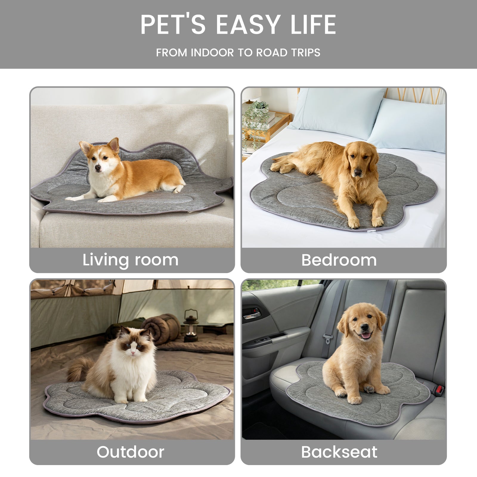 Dog using a pet mat in various settings including living room, bedroom, outdoor, and car.#color_Charcoal Grey