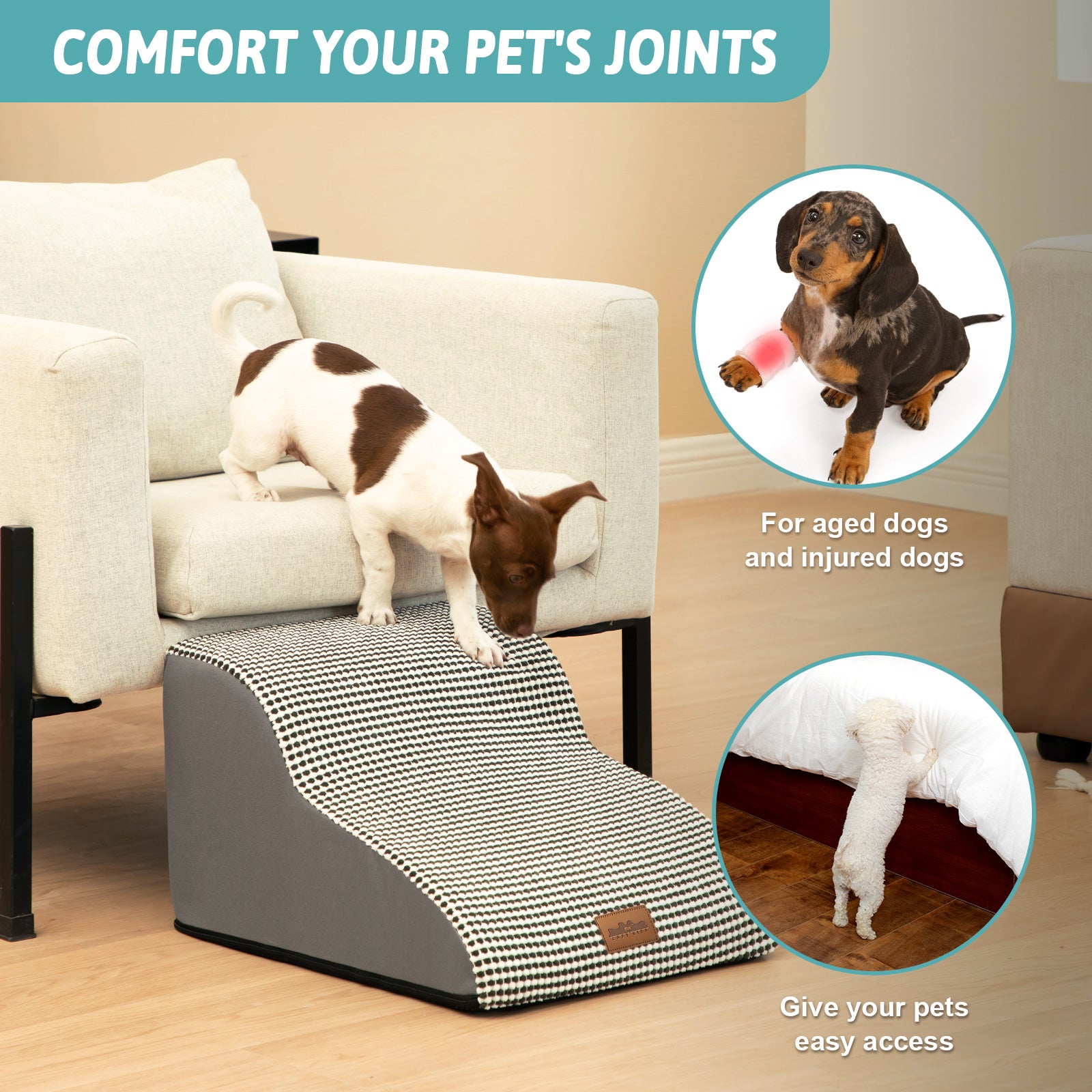 Dog using a pet ramp to climb onto a couch, with text highlighting its benefits for pets' joints.#color_Black White