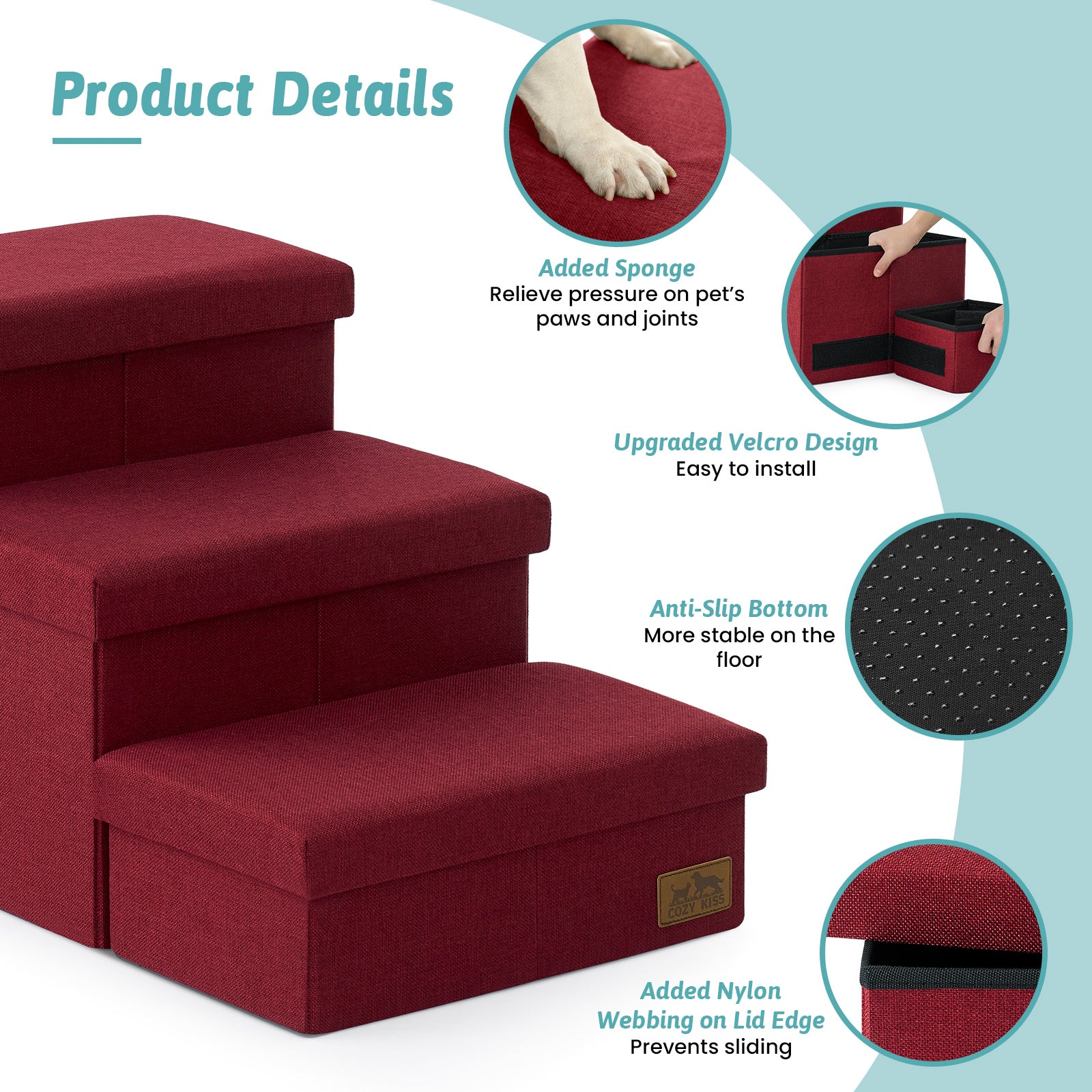 Product details of Cozy Bliss 3 Step Arthritis Prevention Storage Pet Stairs in black featuring added sponge, easy installation, anti-slip bottom, and added nylon webbing to prevent sliding. #color_Christmas Red