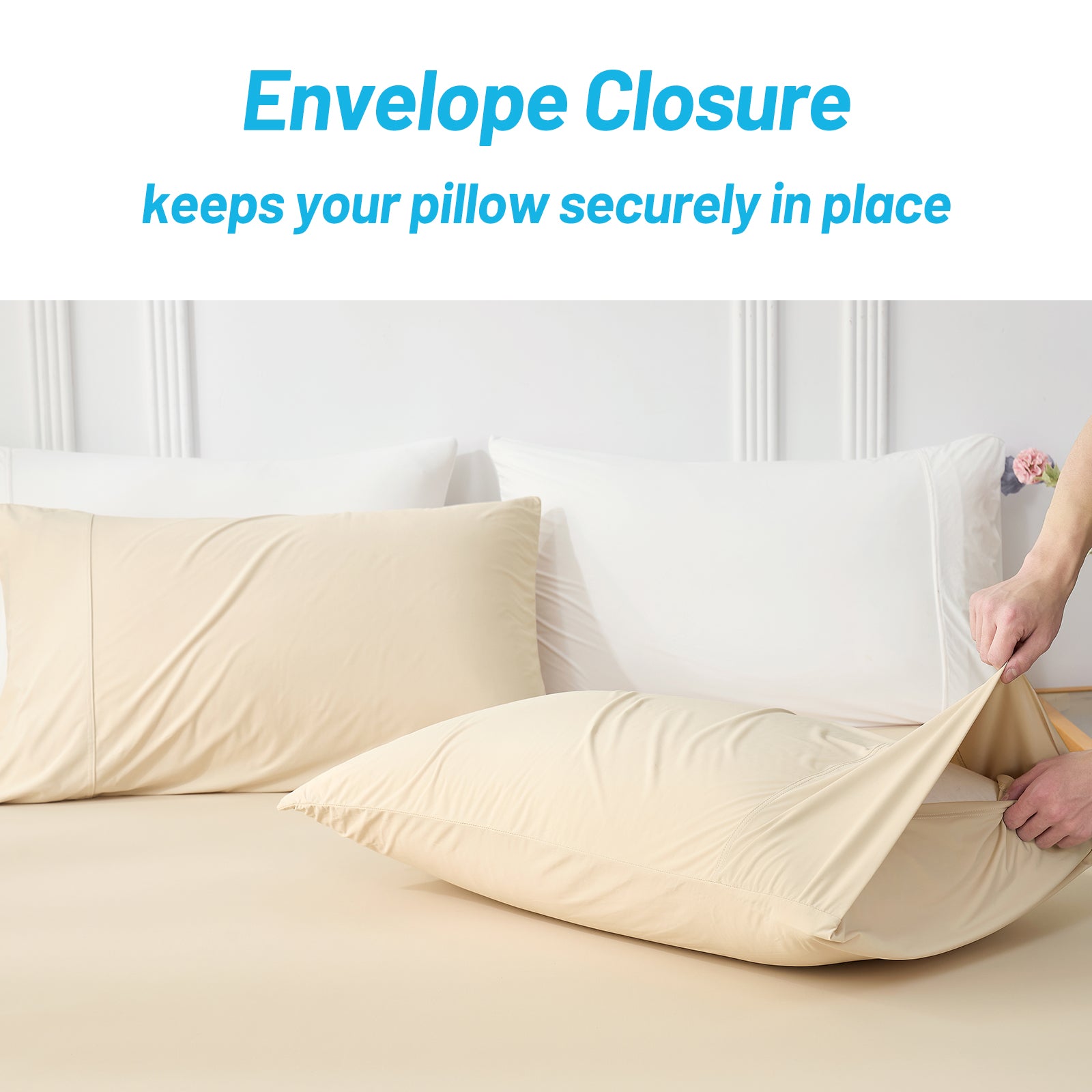 Detail of Cozy Bliss encelope cooling pillowcases, keeping pillow in place. #color_Khaki