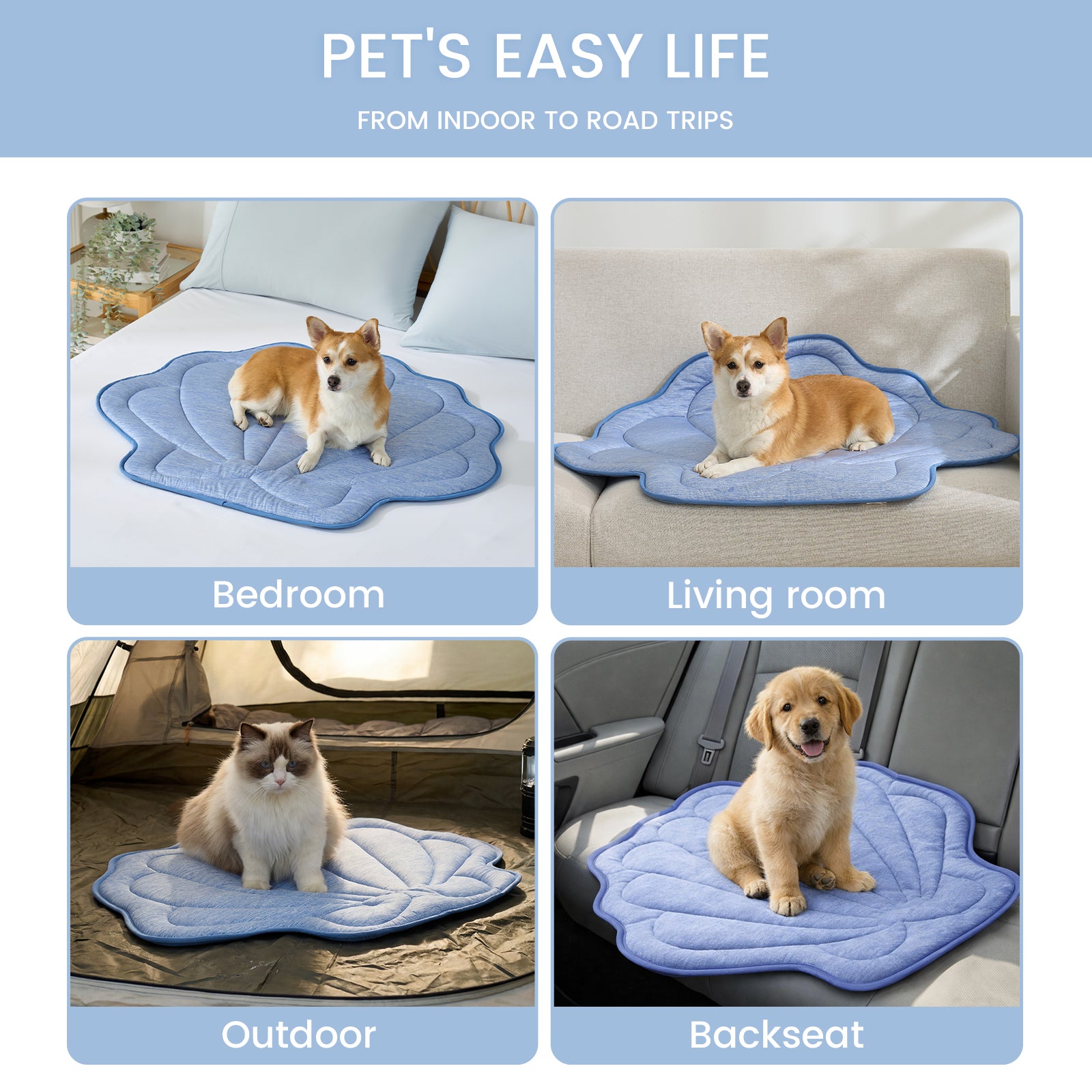 Dog using a pet mat in various settings including bedroom, living room, outdoor, and backseat.#color_Misty Blue