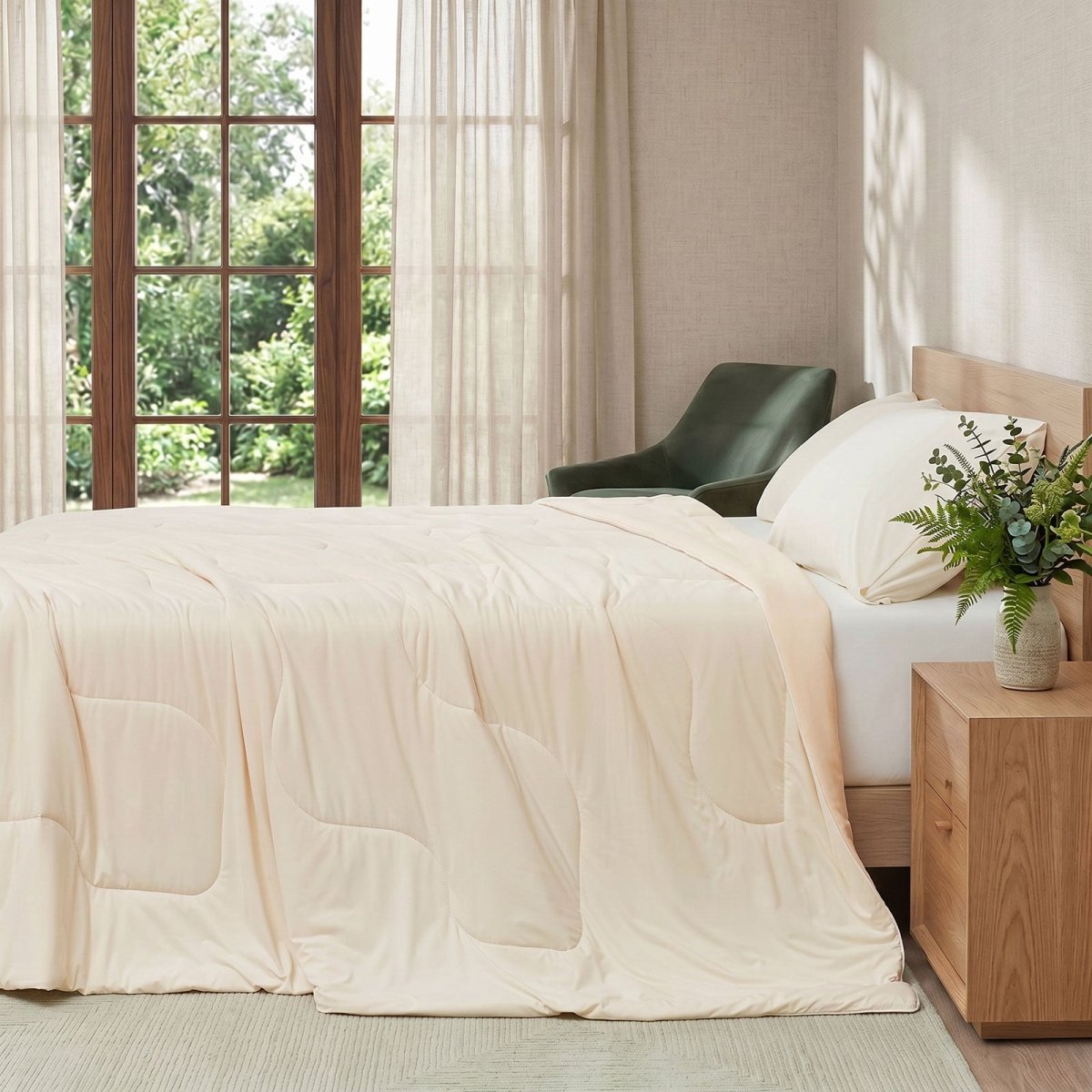 Cozy Bliss natural fiber cooling comforter on a bed in side view.#color_Ivory
