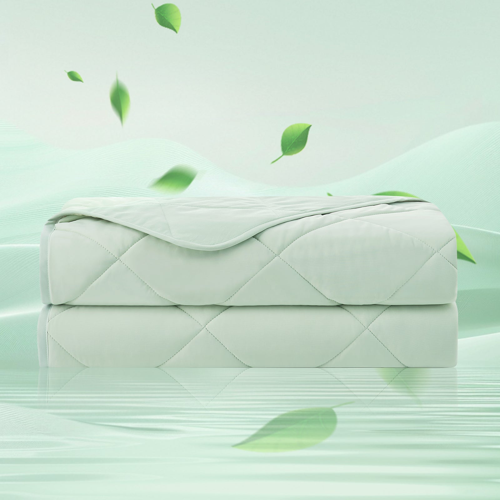 Light green quilted mat with floating green leaves on a light green background #color_Mint Green