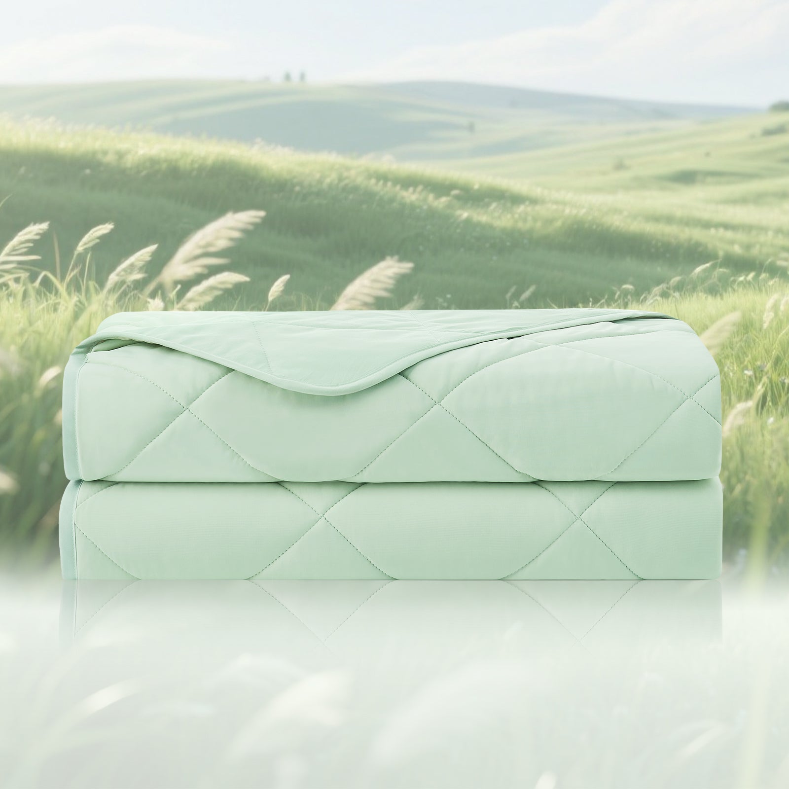 Light green quilted clutch bag on a reflective surface with a blurred natural background #color_Mint Green
