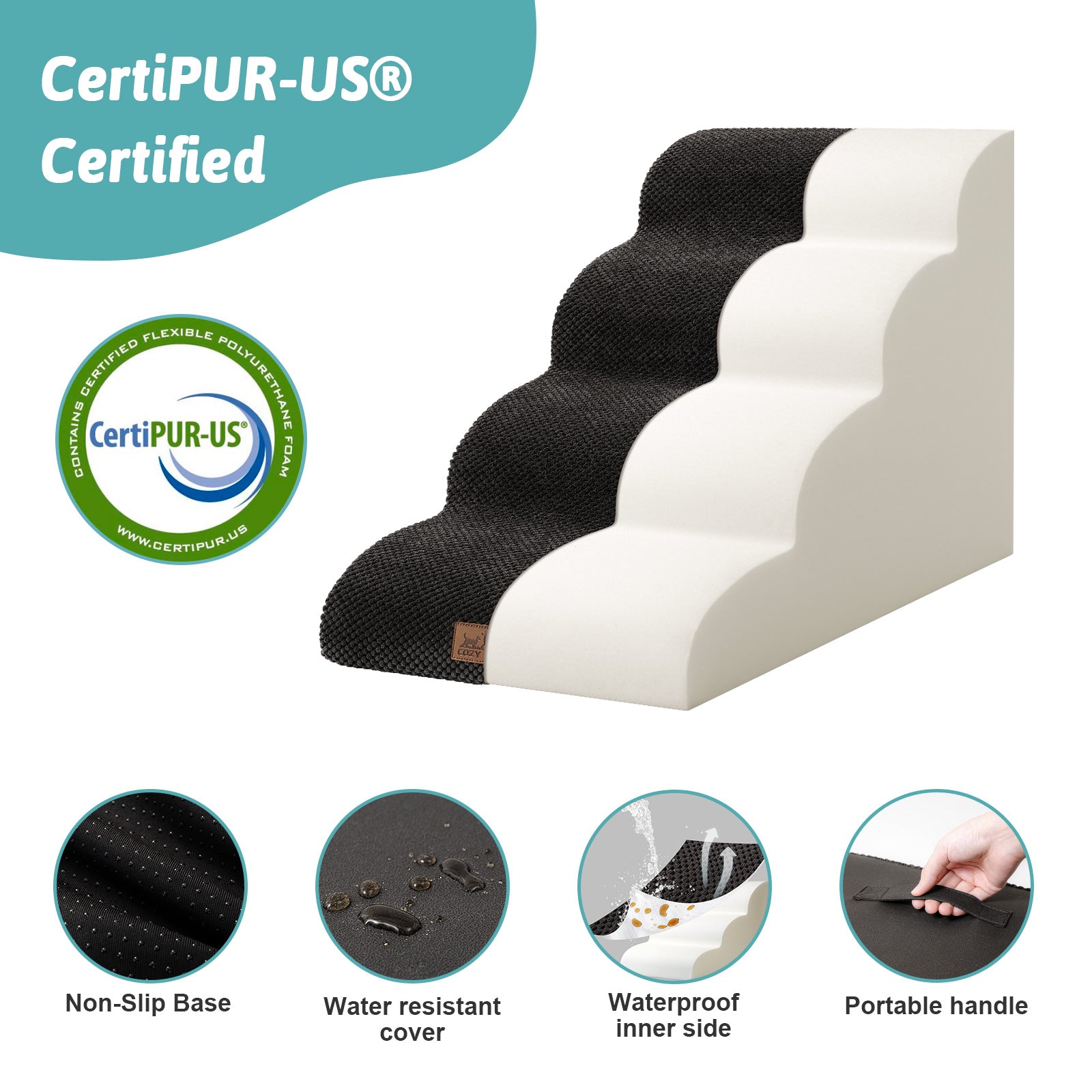CertiPUR-US certified pet ramp with features highlighted on a white background#Color_Black