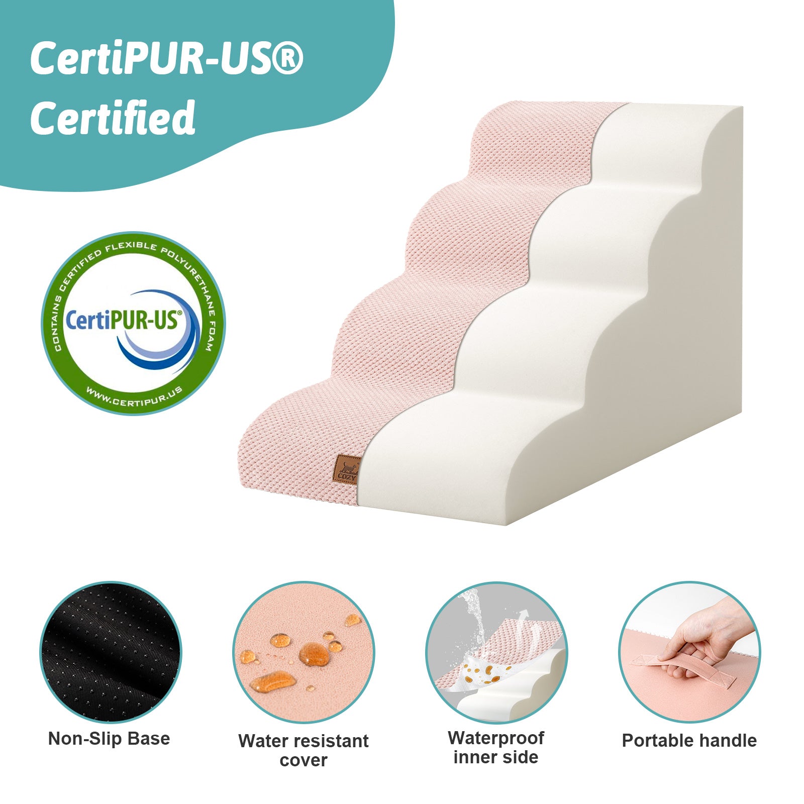 Pet stair with CertiPUR-US certification and features listed on a white background#Color_Pink