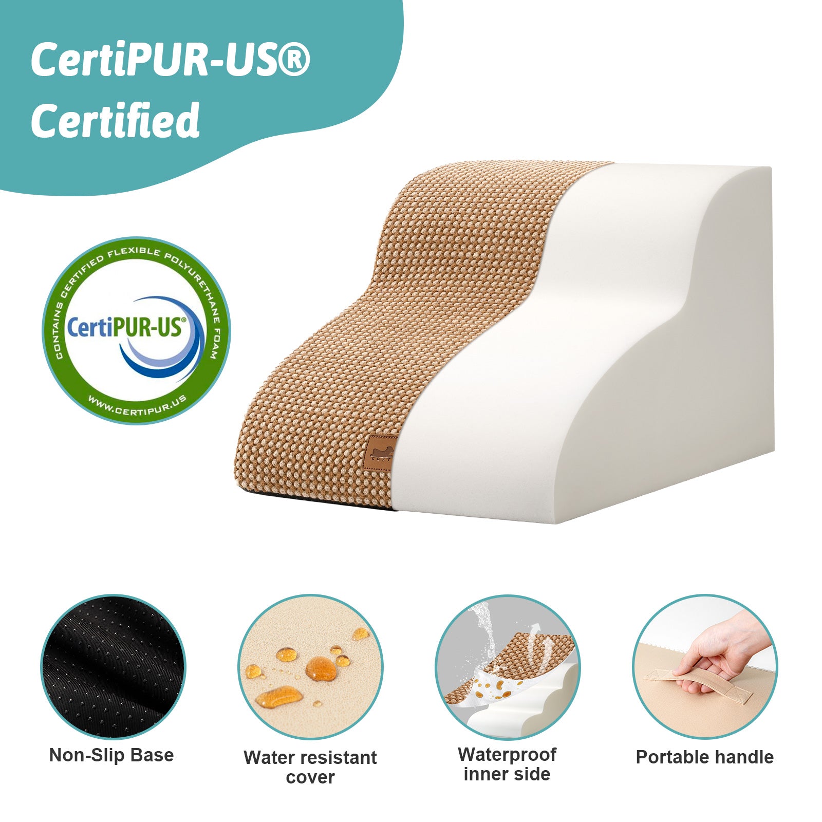 CertiPUR-US certified pet ramp with features highlighted on a white background#color_Light Brown