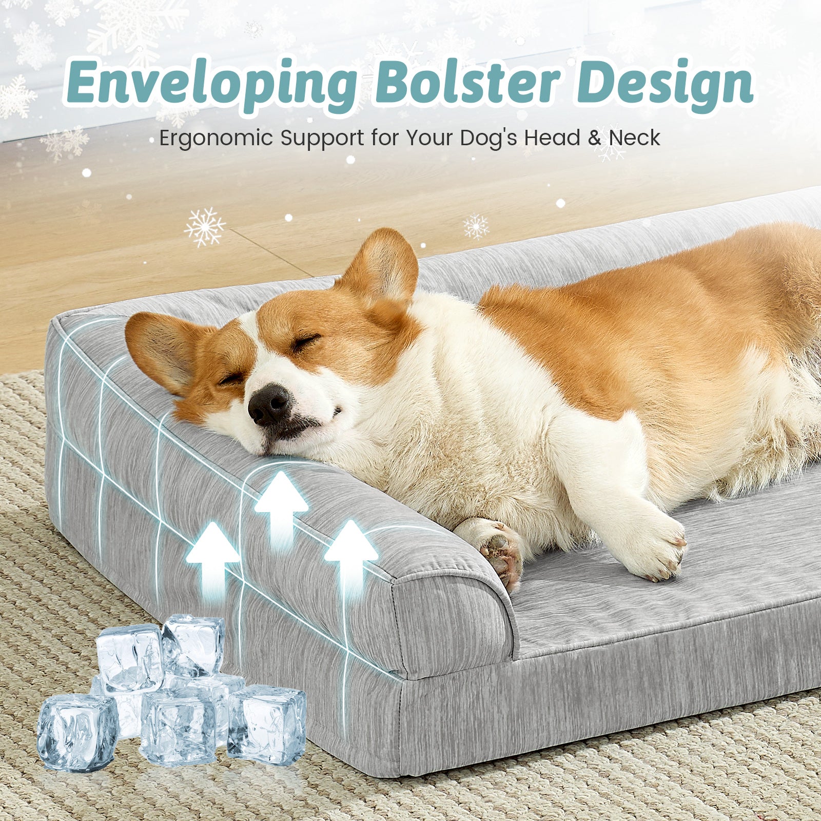 Dog lying on a gray pet bed with text about enveloping bolster design and ergonomic support.#color_Grey