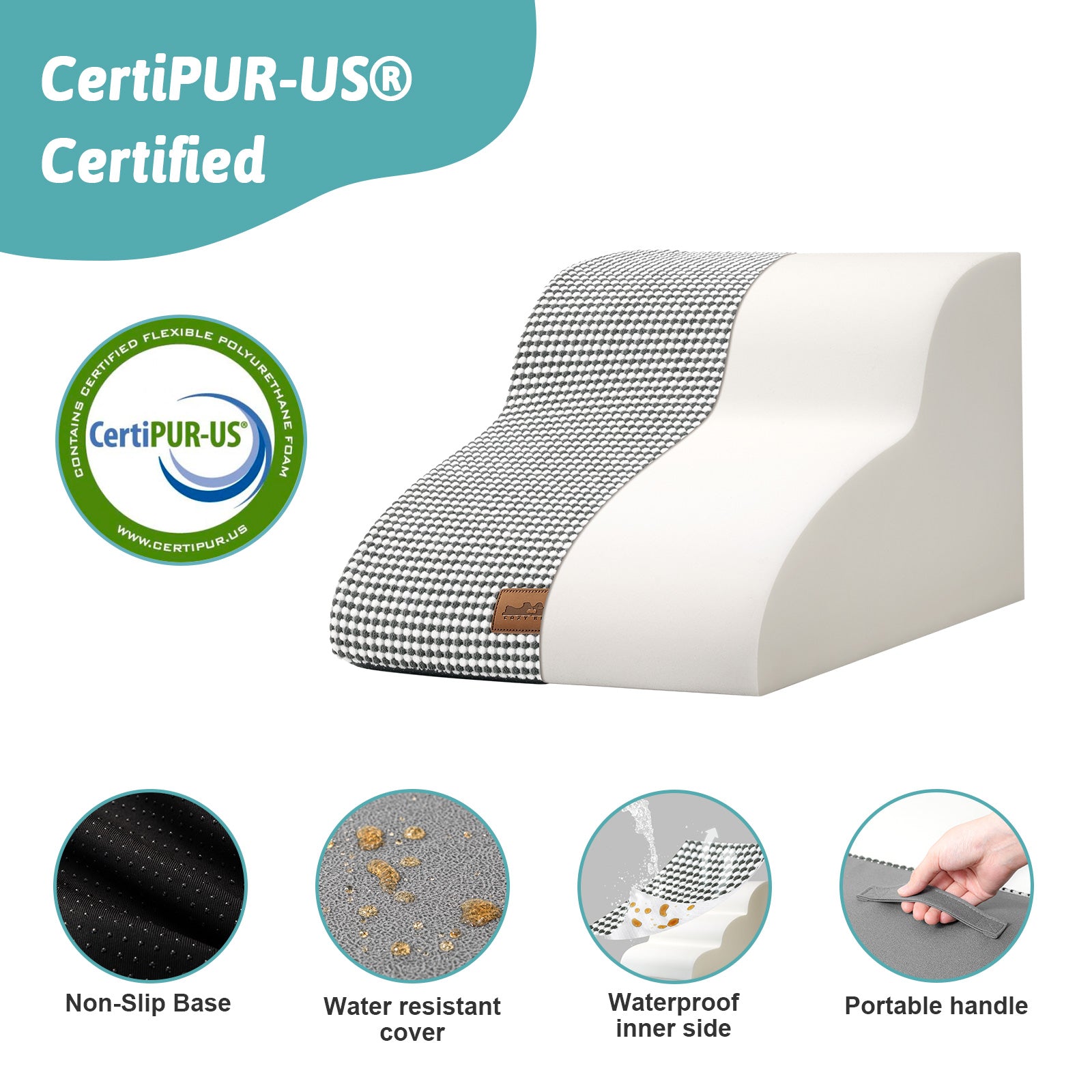 Pet stair with CertiPUR-US certification and features listed.#color_Black White
