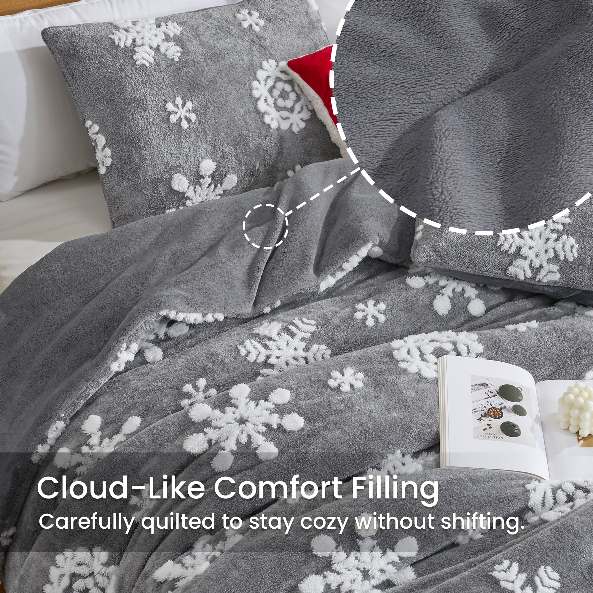 Gray floral patterned comforter on a bed with text about cloud-like comfort filling. #Color_Snowflake Grey