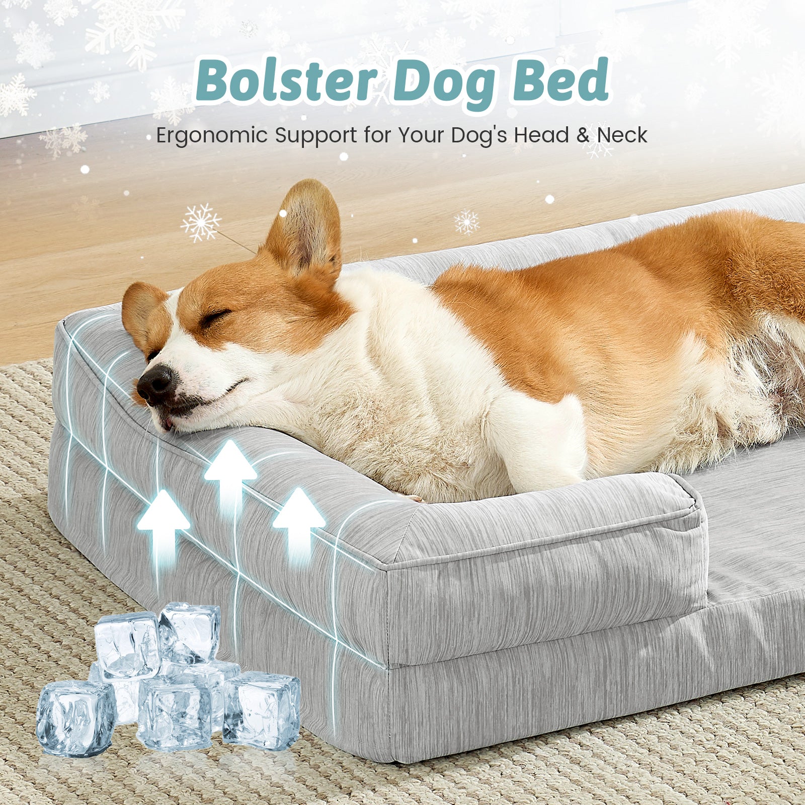 Dog lying on a dog bed with ergonomic support, surrounded by ice cubes to indicate cooling effect.#color_Light Grey