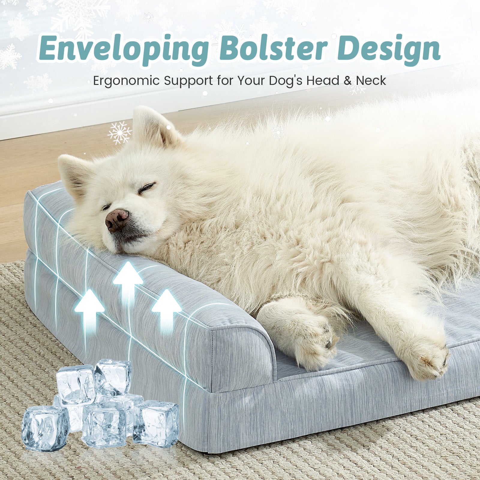 Dog lying on a gray pet bed with text about ergonomic support.#color_Cool Blue