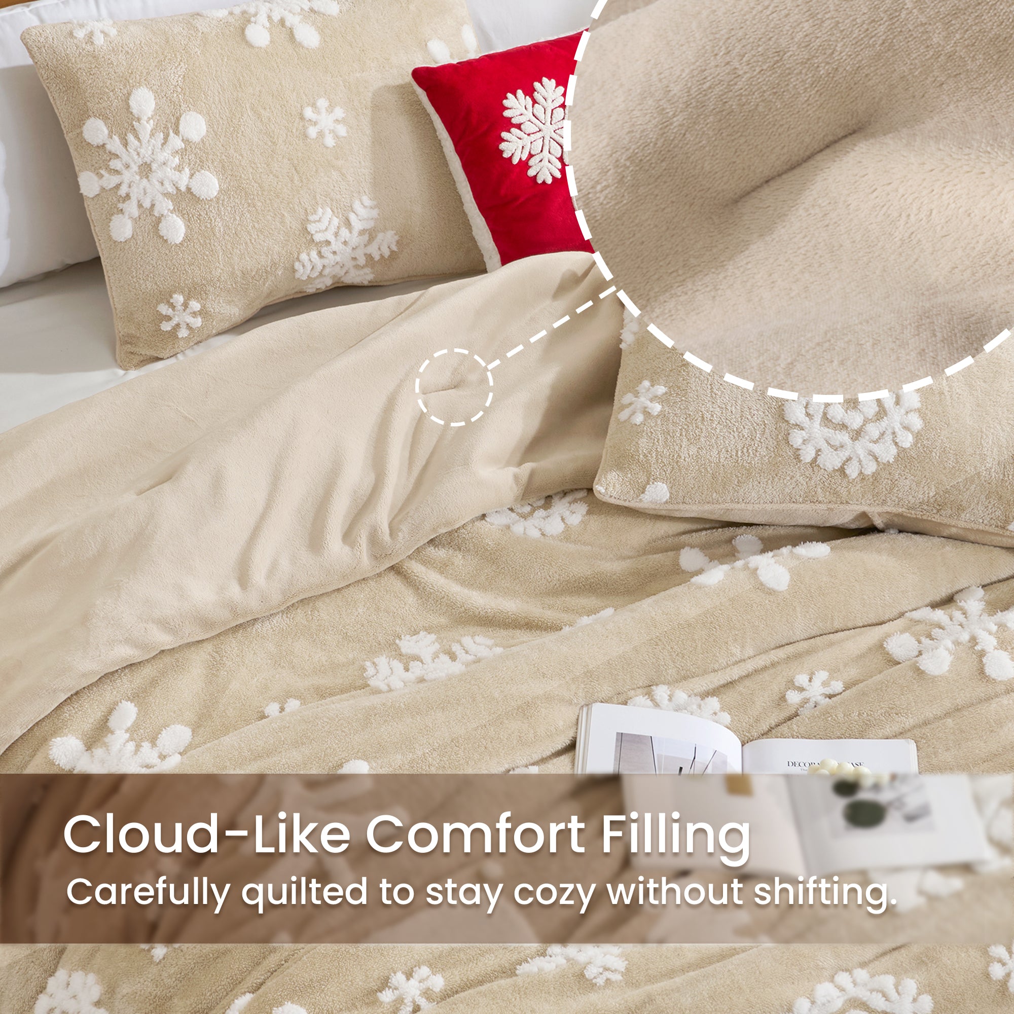 Beige quilt with snowflake patterns and pillows on a bed, emphasizing comfort and coziness. #Color_Snowflake Beige
