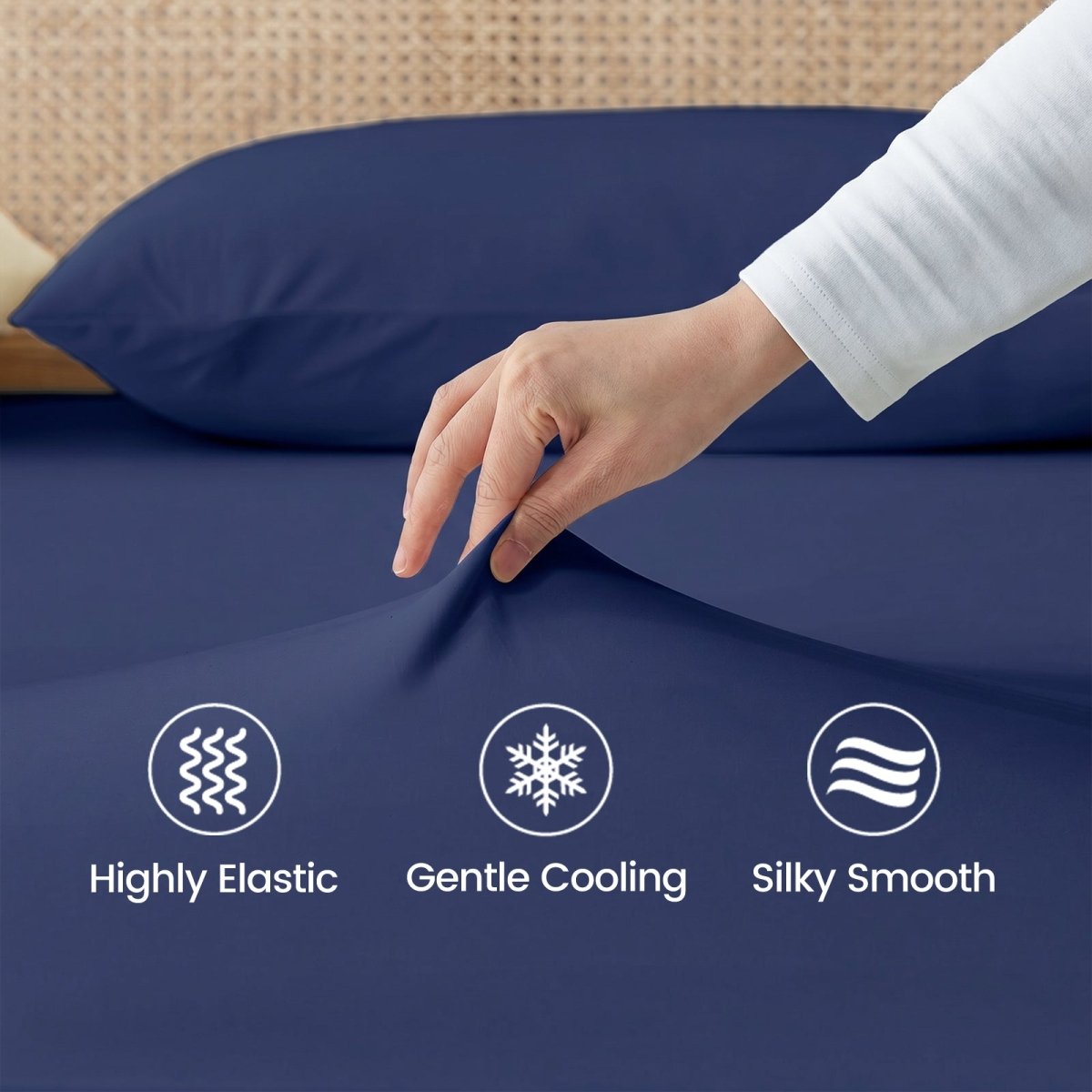 Close up of high elastic, silk smooth and cooling fabric in Cozy Bliss sheet set.#color_Navy Blue