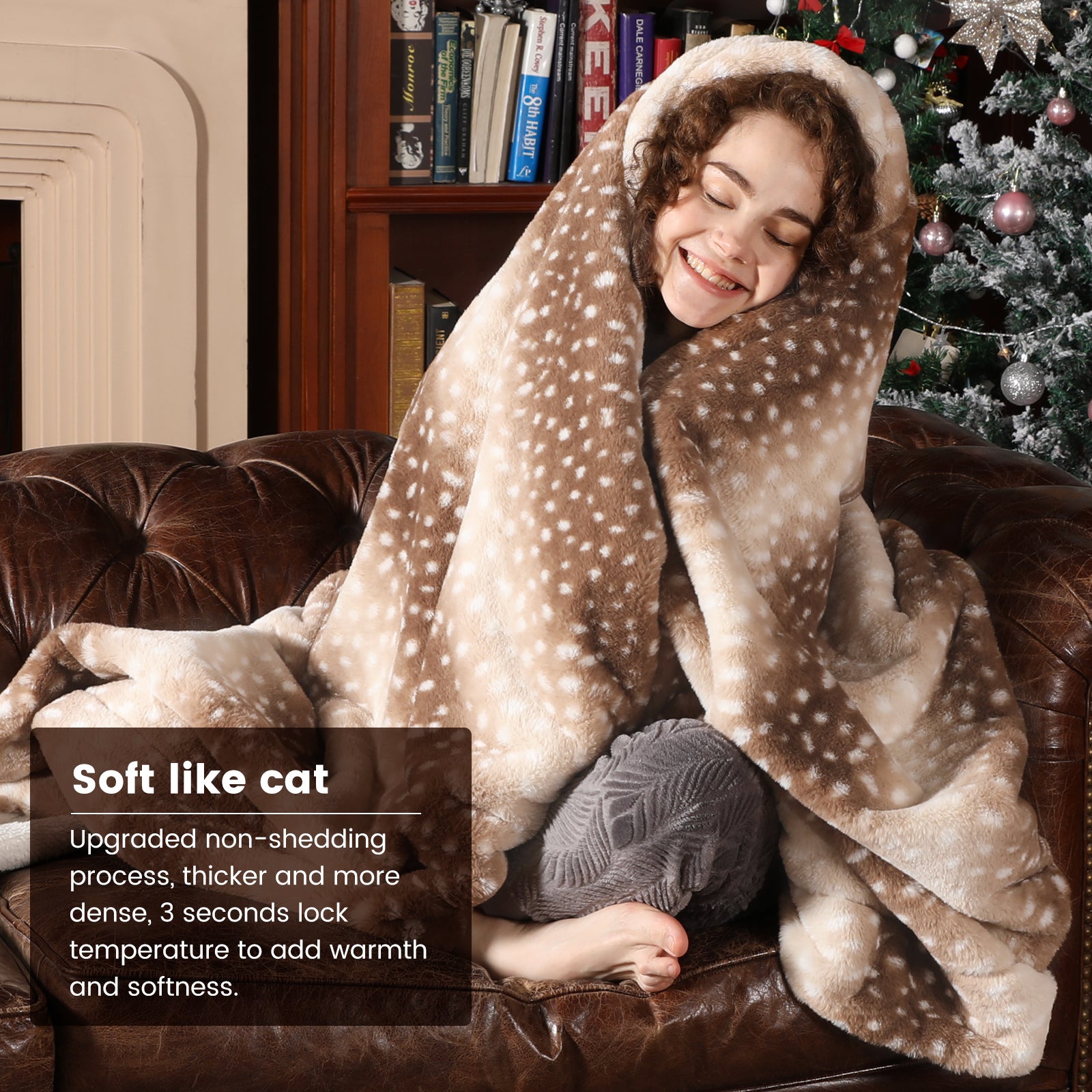 Person wrapped in a soft, plush blanket in a cozy living room with a Christmas tree.  #color_Brown