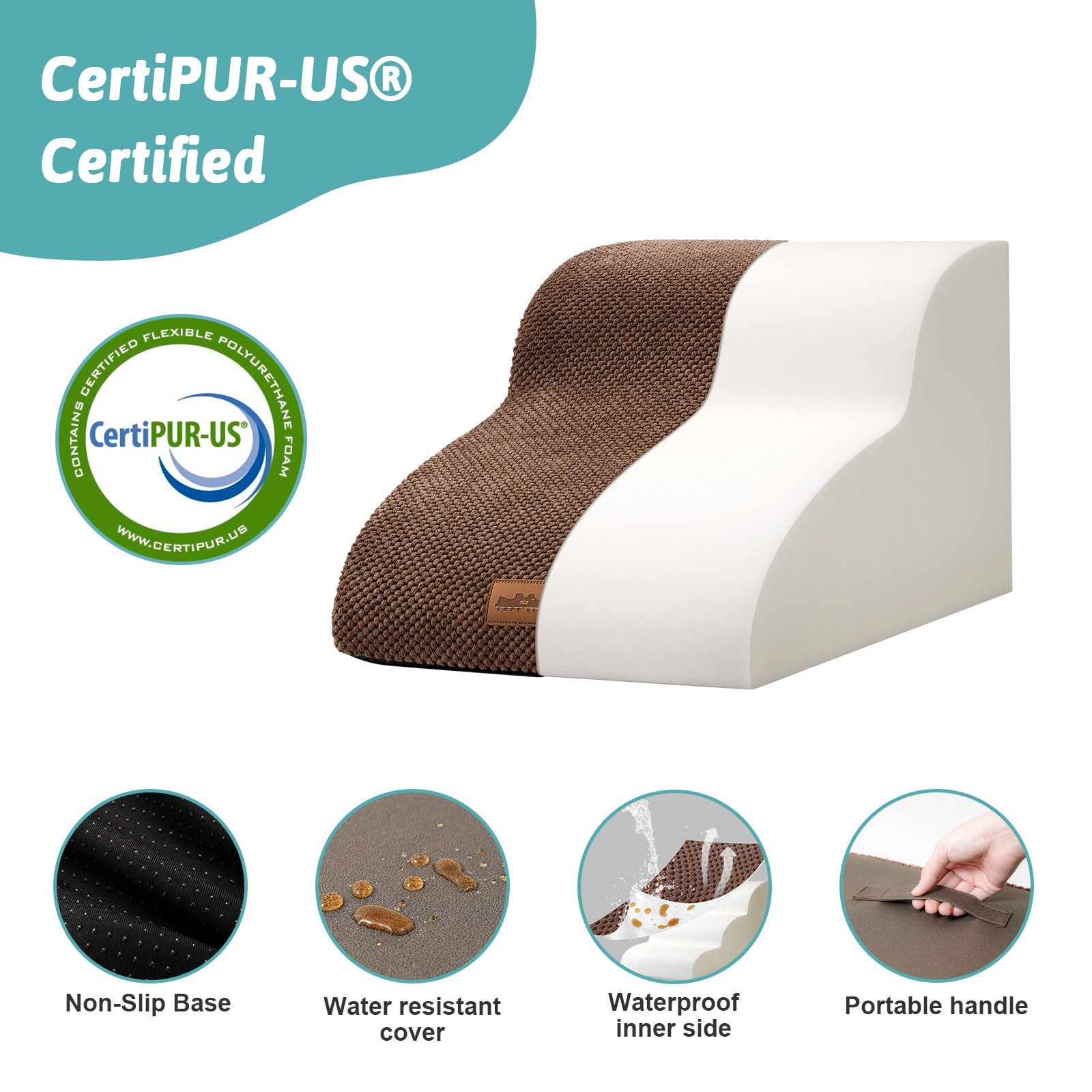 CertiPUR-US certified pet ramp with features highlighted on a white background#color_Brown