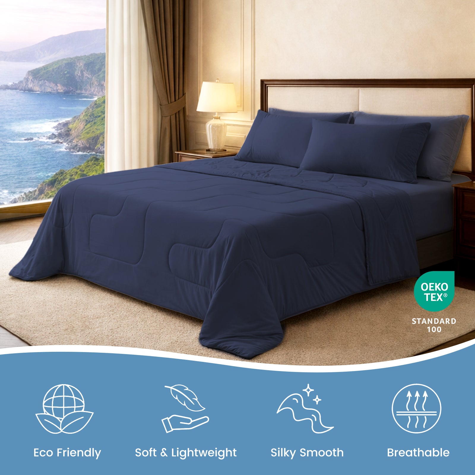 Cozy Bliss Sorona® Natural Fiber Ultra Breathable Cooling Comforter in dark blue.#Color_Dark Blue