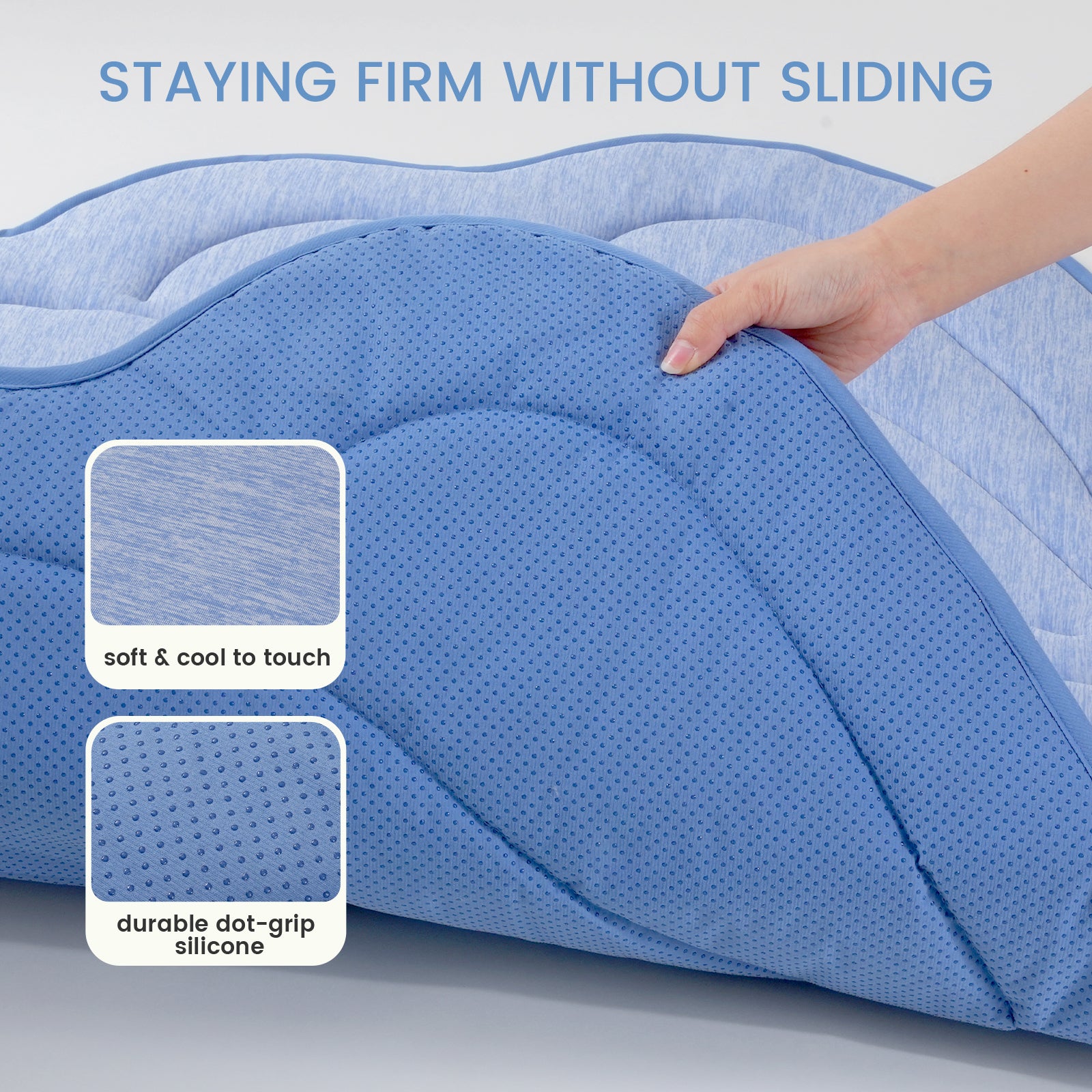 Blue  shell shape cooling mat for pets with hand demonstrating firmness, text 'Staying Firm Without Sliding', and close-ups of texture and grip.#color_Misty Blue
