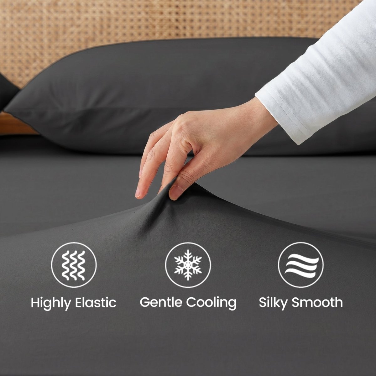 Close up of high elastic, silk smooth and cooling fabric in Cozy Bliss sheet set.#color_Charcoal Grey
