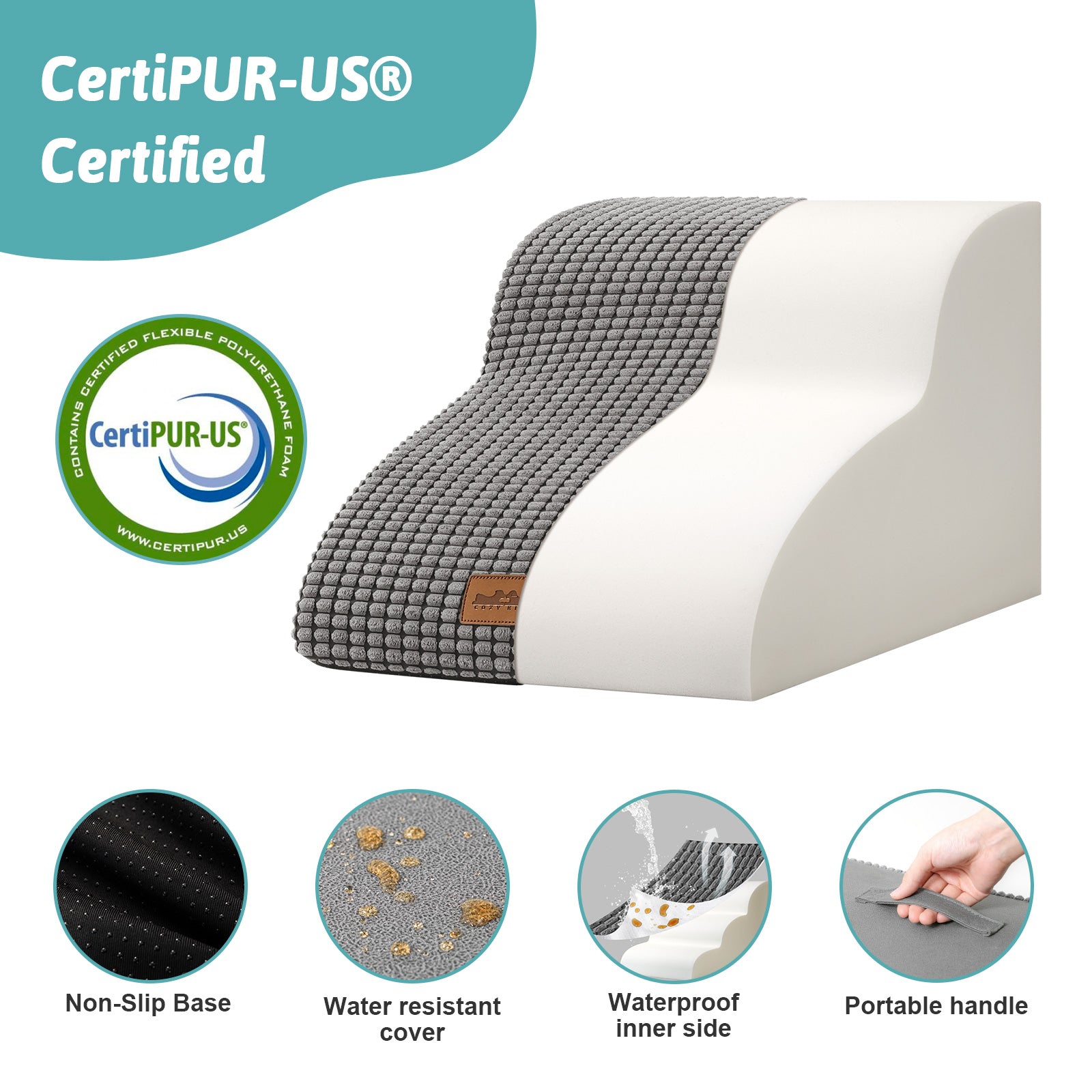 Ergonomic pet stair with CertiPUR-US certification on a white background#color_Dark Grey